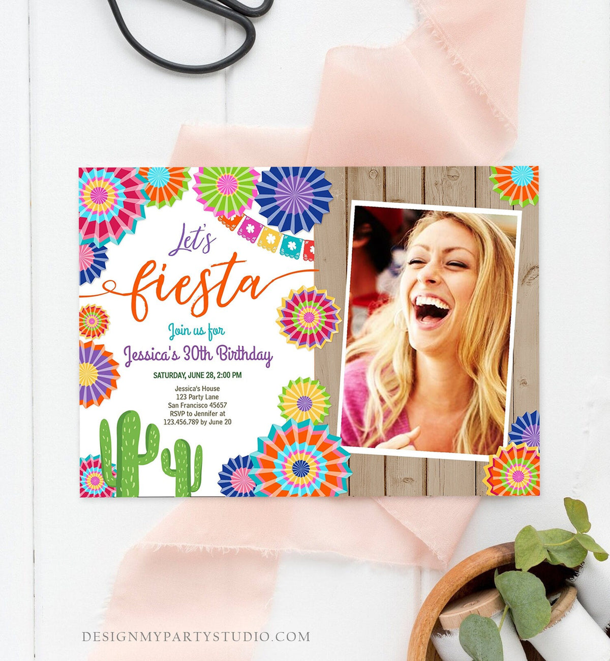 Editable Let&#39;s Fiesta Birthday Invitation ANY AGE Girl Woman Adult 30th Cactus Cinco Mayo Mexican Party Photo Corjl Template Printable 0236