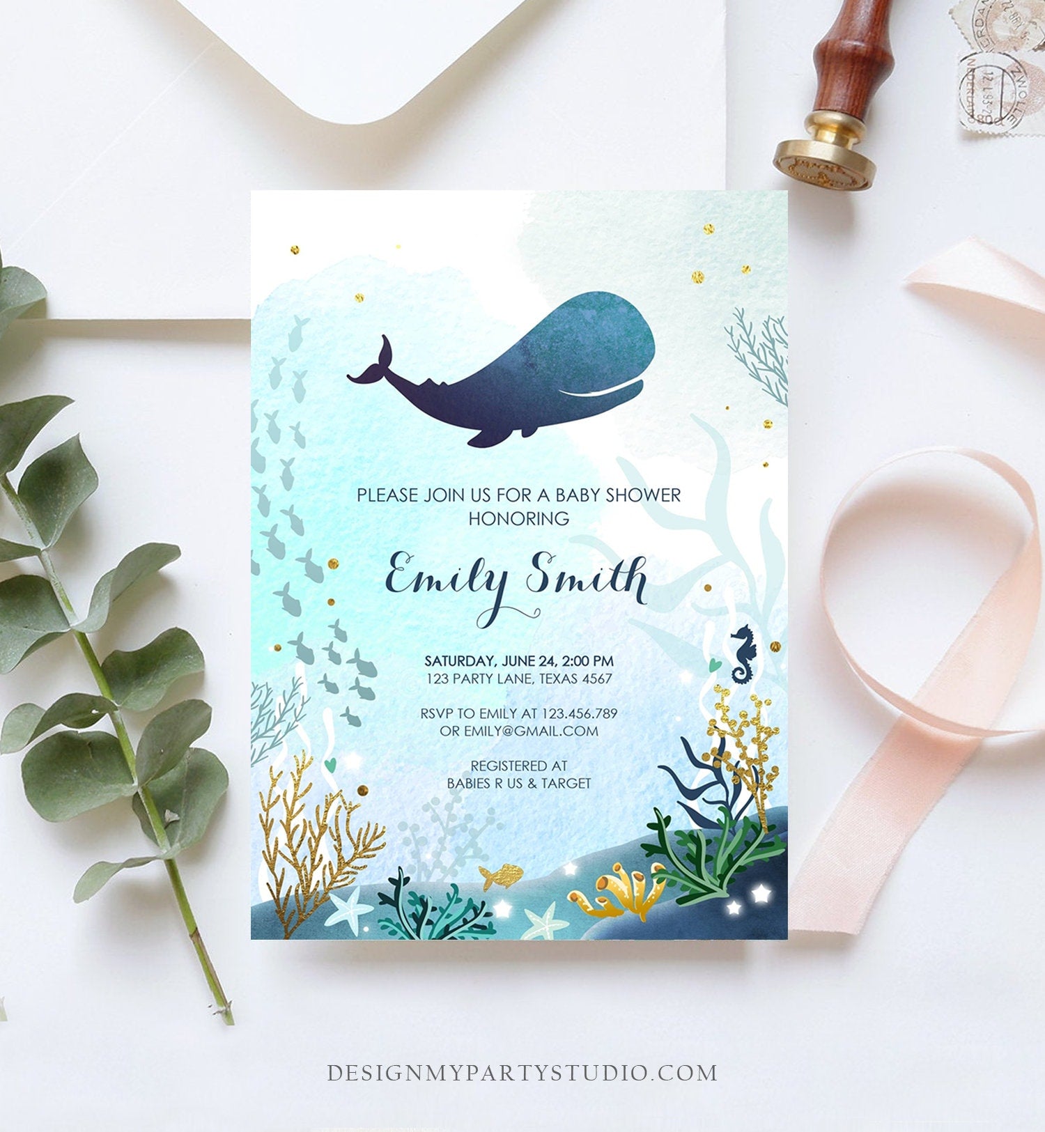 Editable Baby Shower Invitation Nautical Whale Baby Shower Invite Its a Boy Ocean Ahoy Watercolor Download Printable Template Corjl 0118