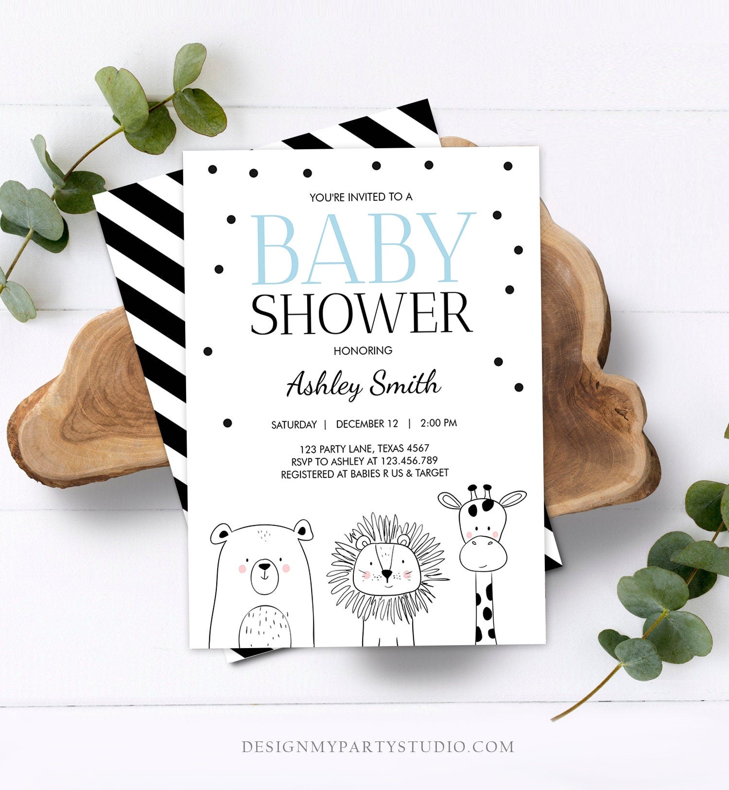 Editable Baby Shower Invitation Animals Cute Safari Animal Woodland Zoo Jungle Boy Modern Baby Shower Template Download Digital Corjl 0039