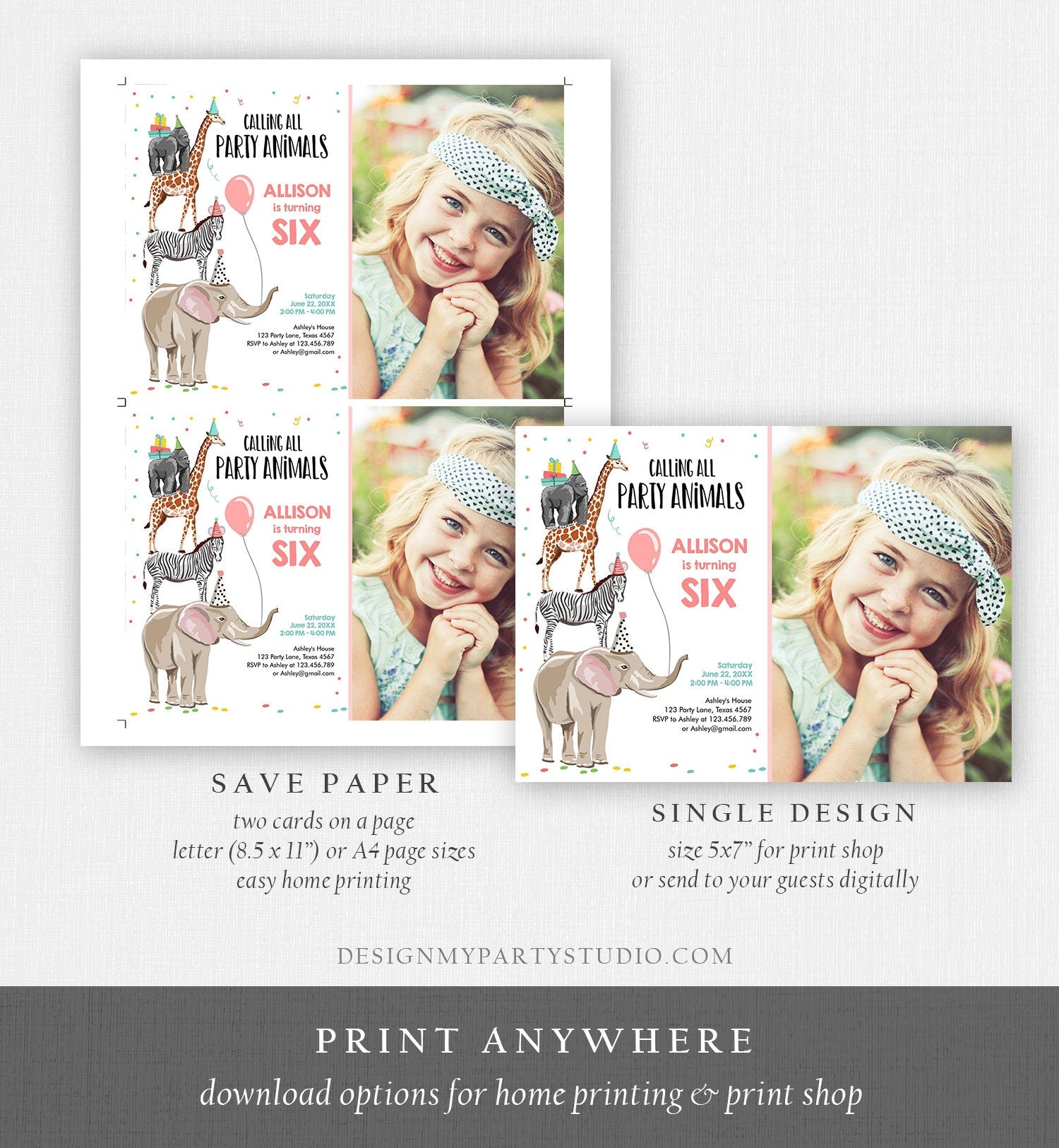 Editable Party Animals Birthday Invitation Wild One Animals Invitation Zoo Safari Animals Girl Download Printable Corjl Template 0142