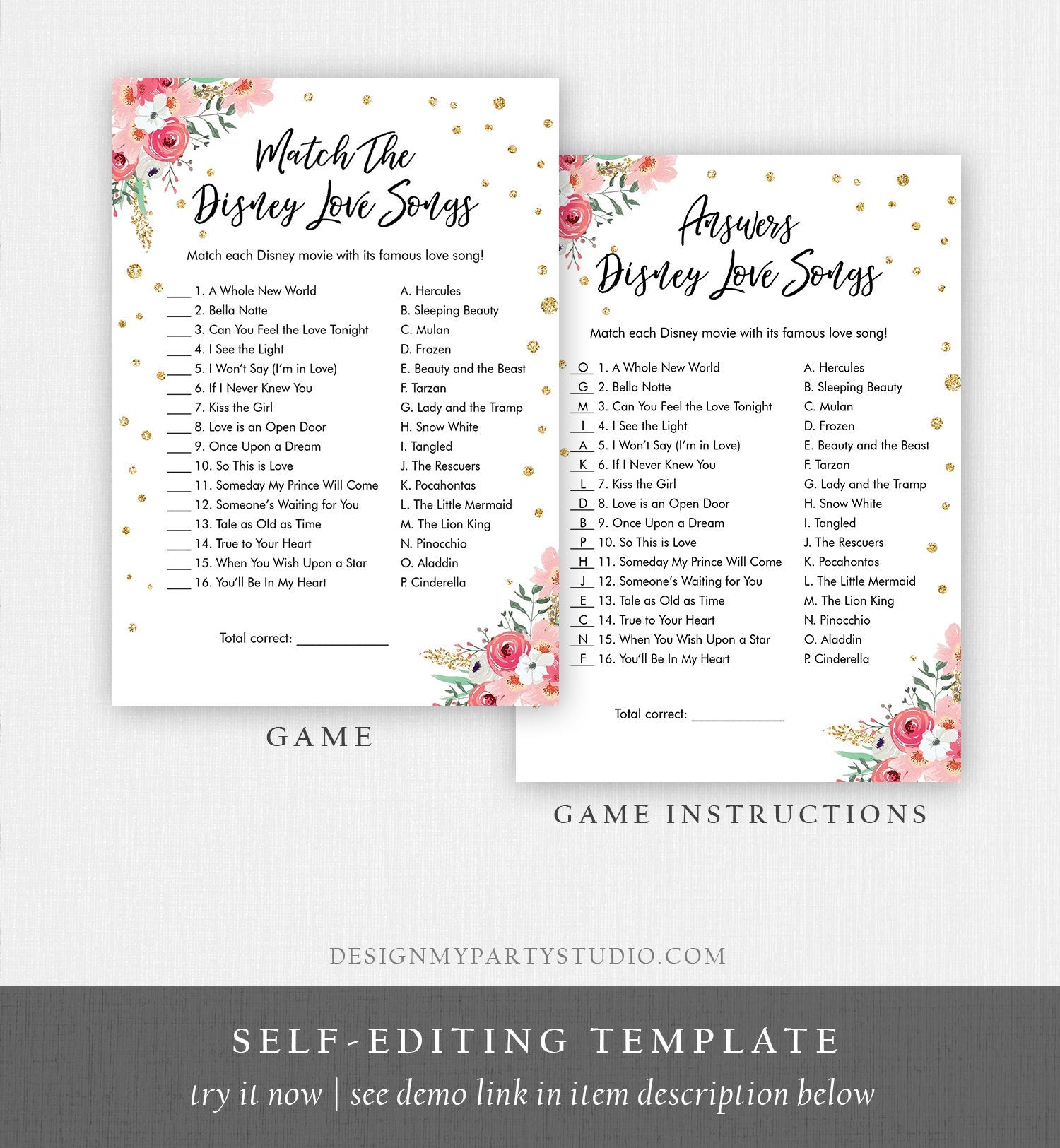 Editable Disney Love Quotes Bridal Shower Game Match Disney Love Songs Wedding Shower Activity Bachelorette Corjl Printable 0030 0318