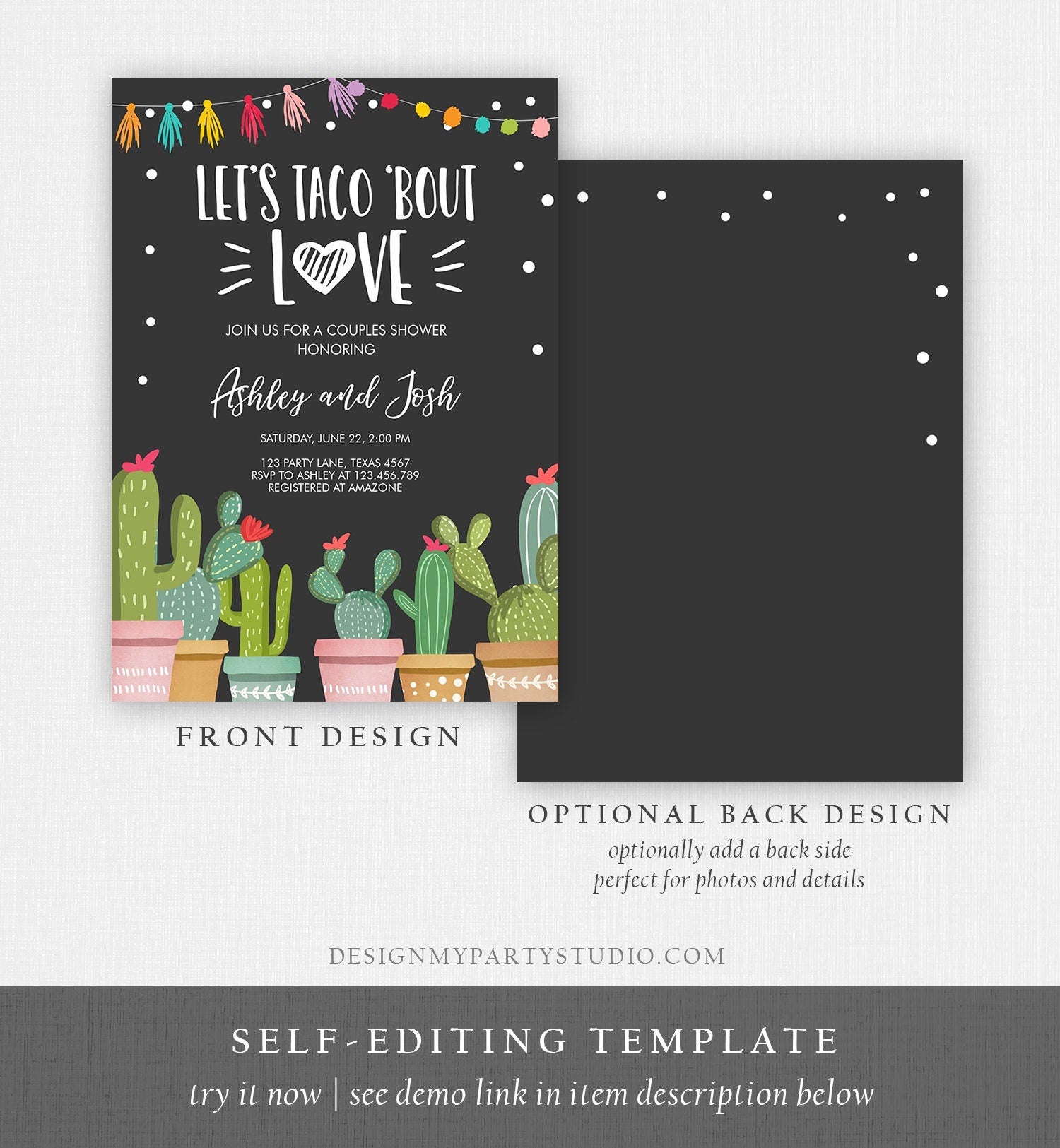 Editable Taco Bout Love Couples Shower Invitation Fiesta Cactus Succulent Mexican Green Pink Chalk Download Corjl Template Printable 0254