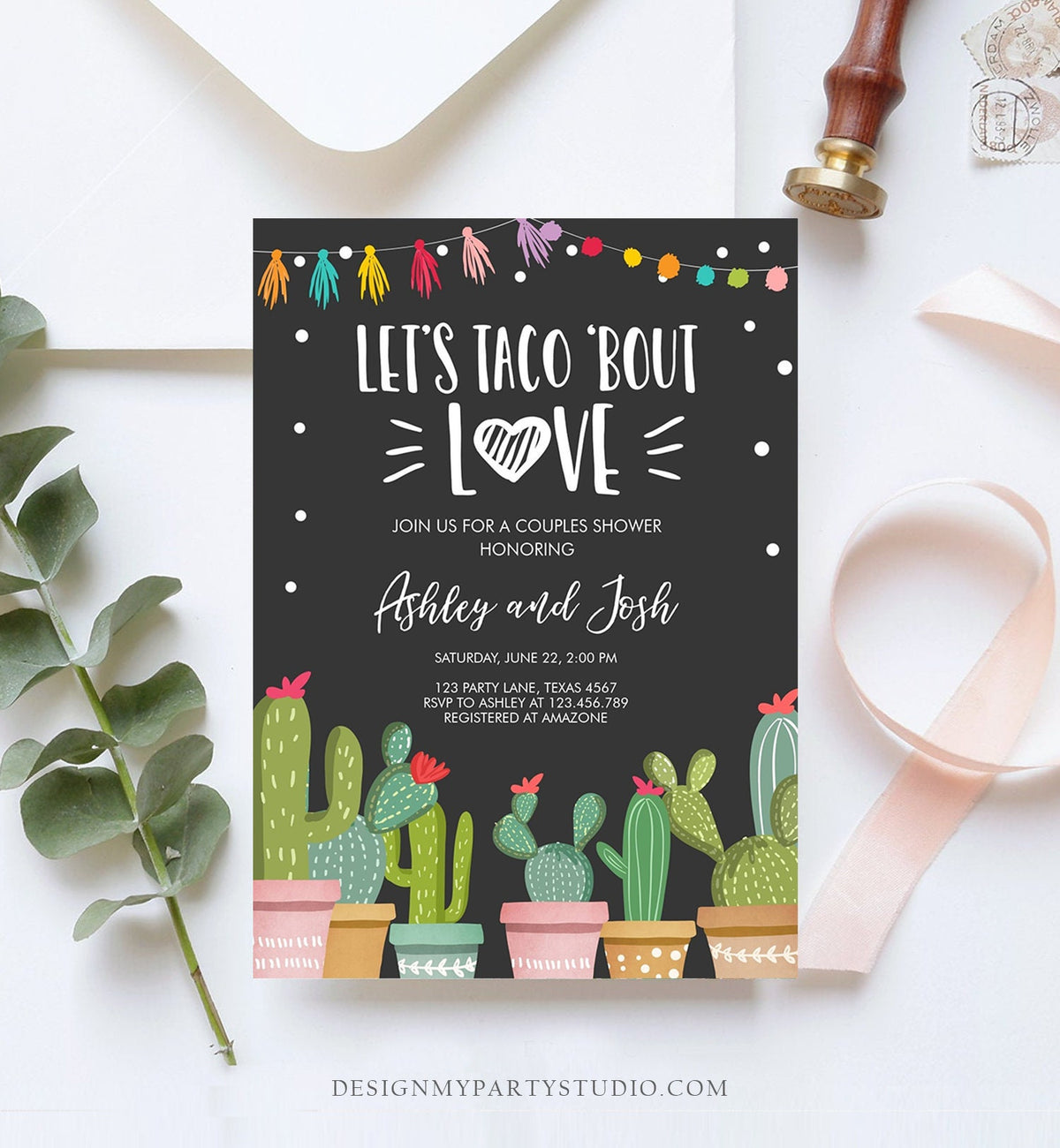 Editable Taco Bout Love Couples Shower Invitation Fiesta Cactus Succulent Mexican Green Pink Chalk Download Corjl Template Printable 0254