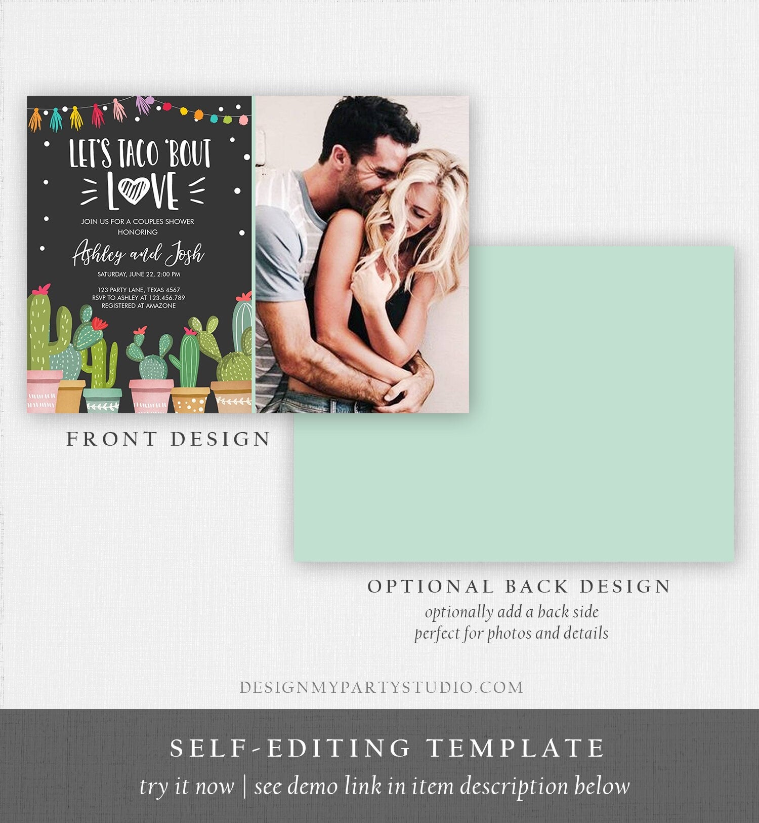 Editable Taco Bout Love Couples Shower Invitation Fiesta Cactus Succulent Mexican Green Pink Chalk Download Corjl Template Printable 0254