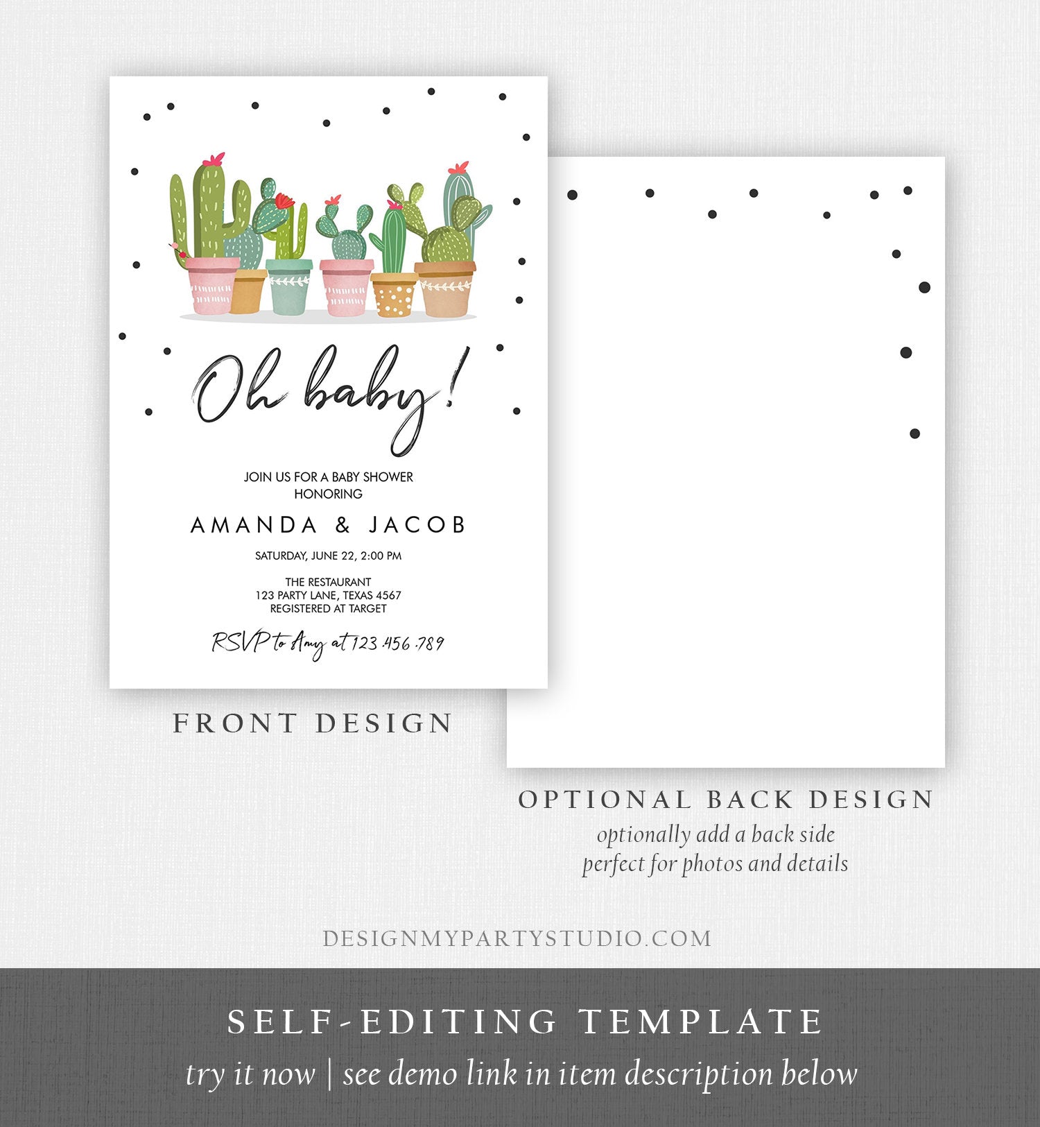 Editable Oh Baby Shower Invitation Cactus Mexican Fiesta Baby Shower Couples Shower Pregnancy Instant Download Corjl Template Printable 0254