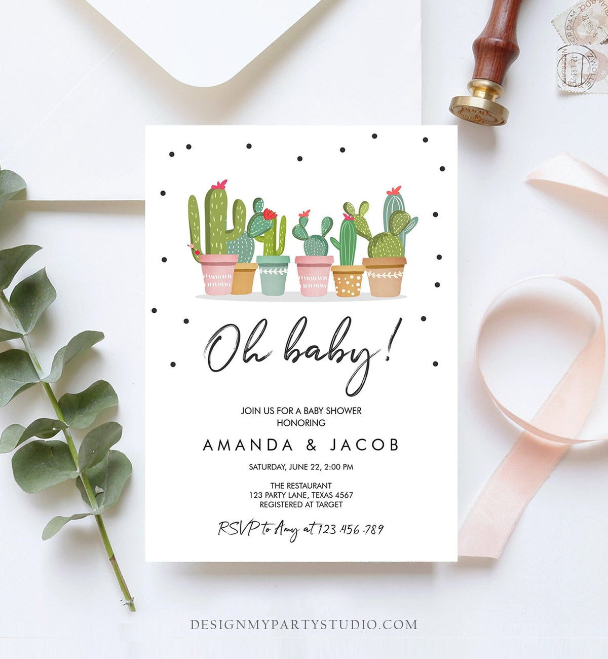 Editable Oh Baby Shower Invitation Cactus Mexican Fiesta Baby Shower Couples Shower Pregnancy Instant Download Corjl Template Printable 0254