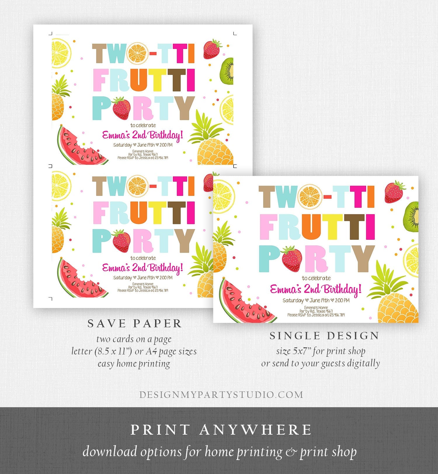 Editable Two-tti Frutti 2nd Birthday Invitation Twotti Frutti Party Fruit Tropical Summer Download Printable Template Digital Corjl 0127