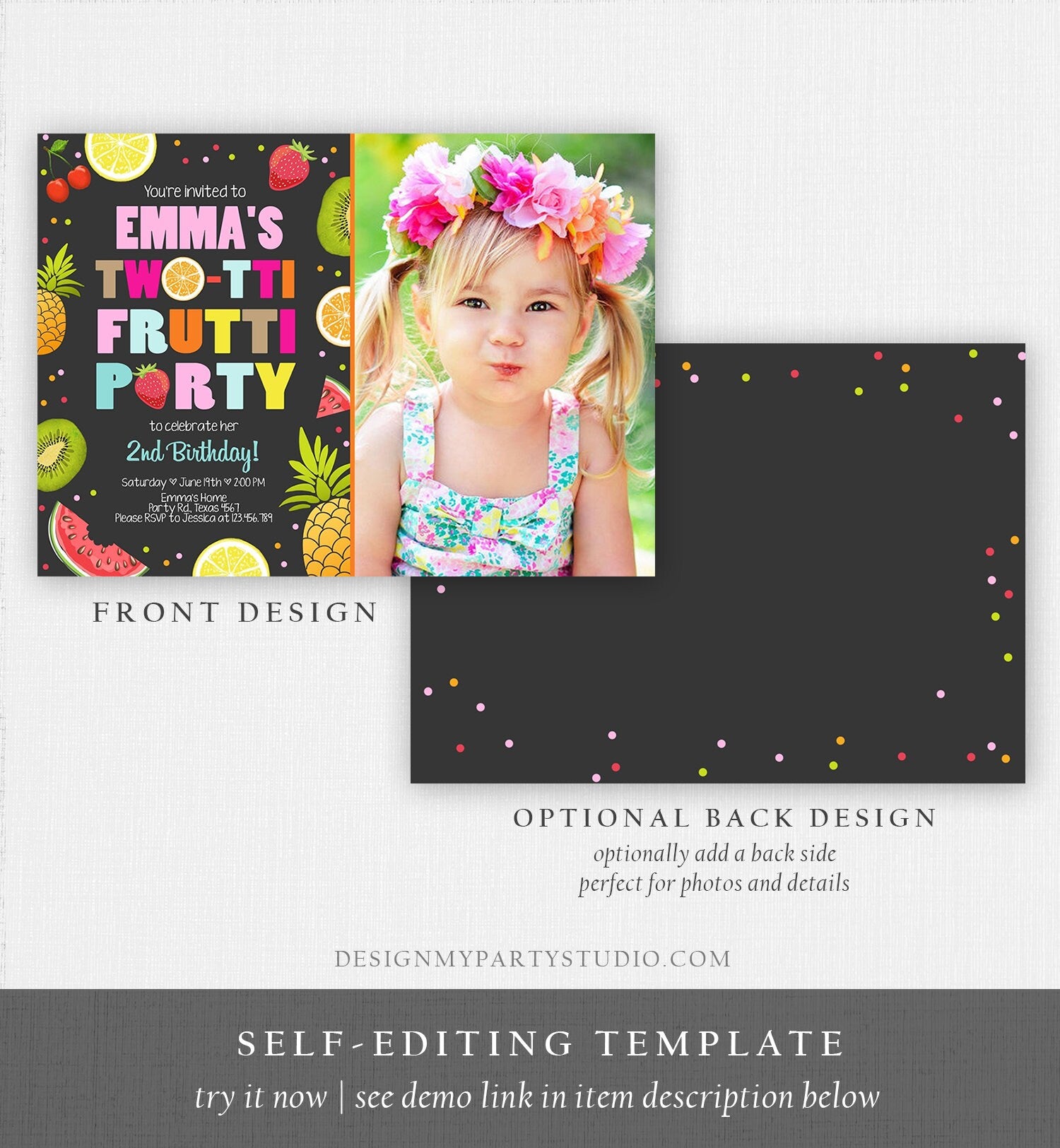 Editable Two-tti Frutti 2nd Birthday Invitation Twotti Frutti Party Fruit Tropical Summer Download Printable Template Digital Corjl 0127