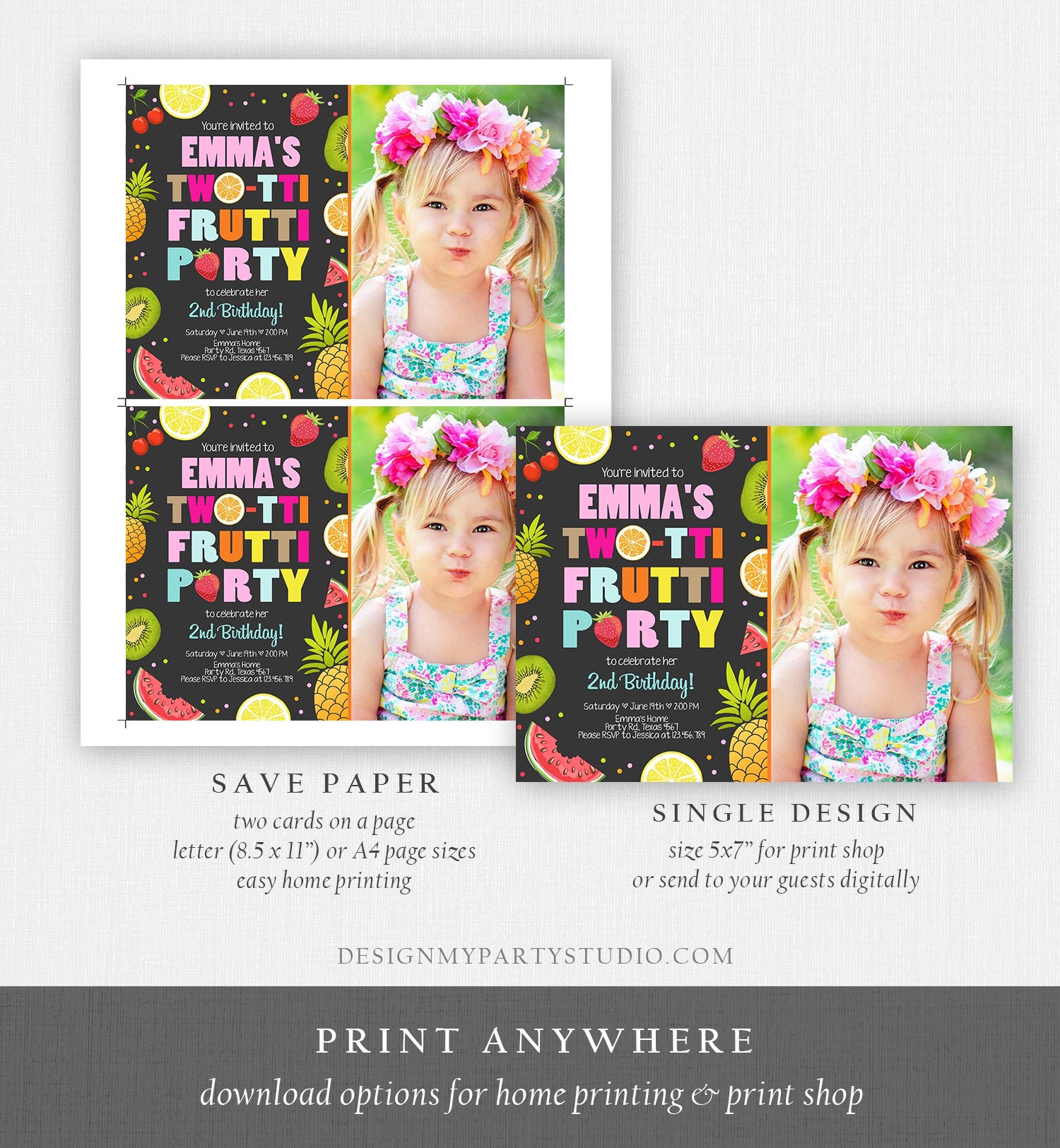 Editable Two-tti Frutti 2nd Birthday Invitation Twotti Frutti Party Fruit Tropical Summer Download Printable Template Digital Corjl 0127