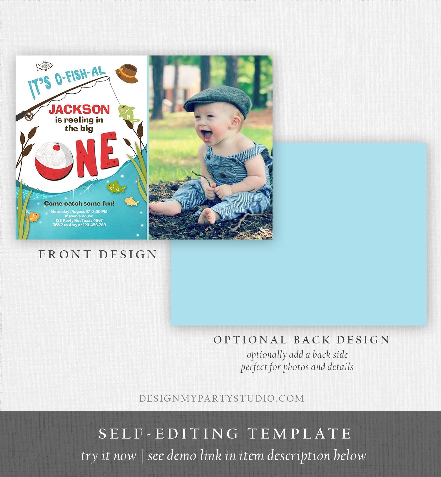 Editable First Birthday Fishing Invitation Fishing Party The Big One O-fish-al Gone Fishing Boy Download Printable Template Corjl 0080