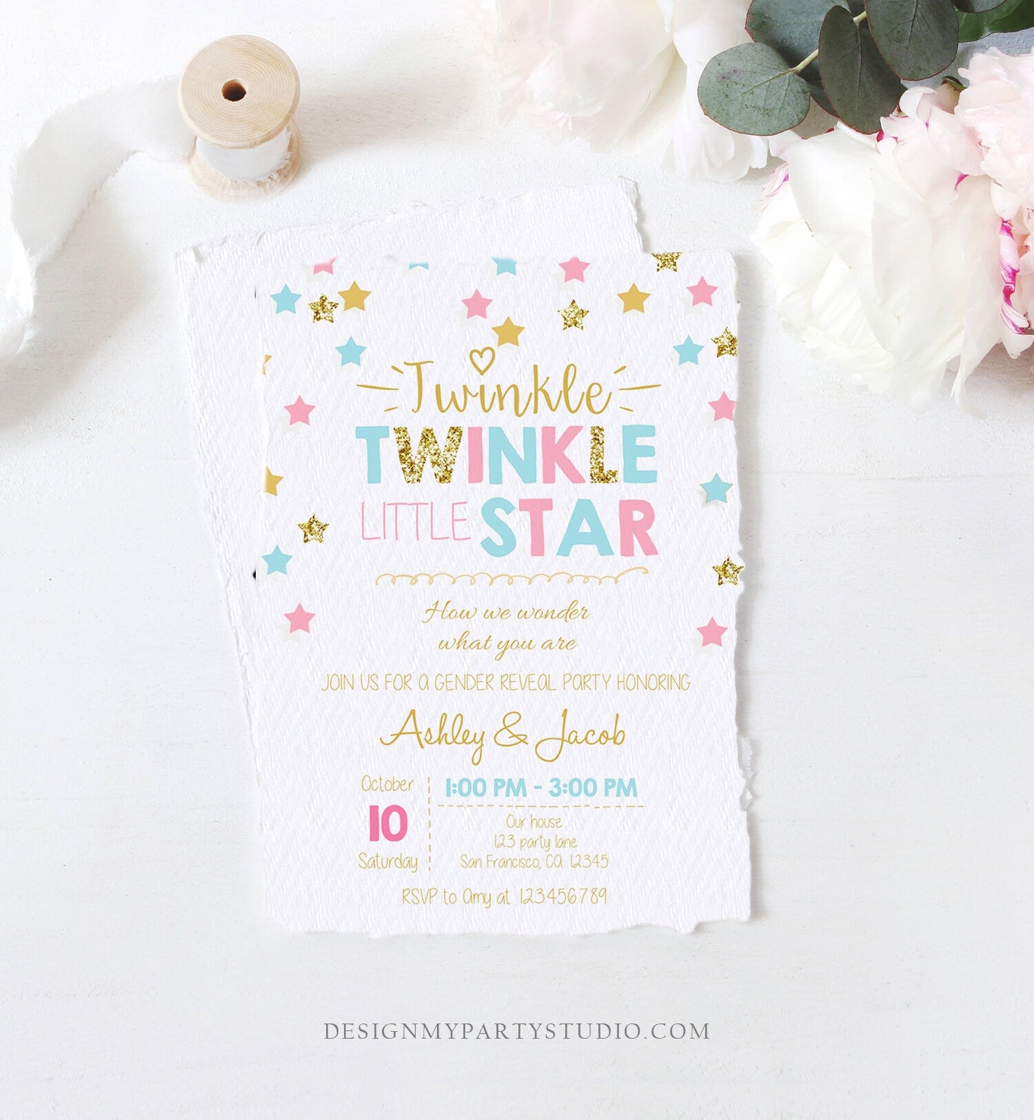 Editable Twinkle Little Star Gender Reveal Invitation Baby Shower Blue or Pink He or She Little Star Download Corjl Template Printable 0028