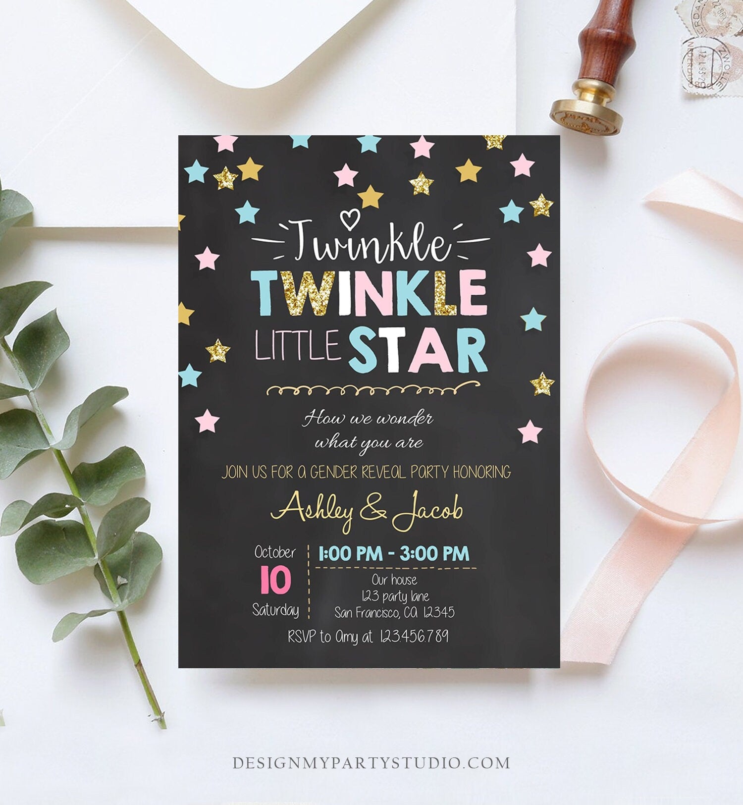 Editable Twinkle Little Star Gender Reveal Invitation Baby Shower Blue or Pink He or She Little Star Download Corjl Template Printable 0028