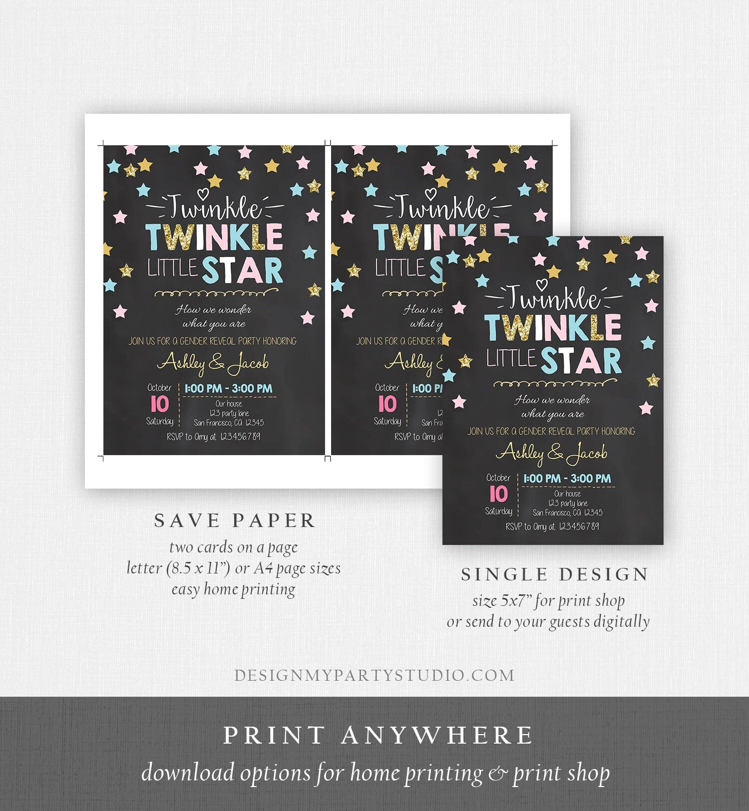 Editable Twinkle Little Star Gender Reveal Invitation Baby Shower Blue or Pink He or She Little Star Download Corjl Template Printable 0028