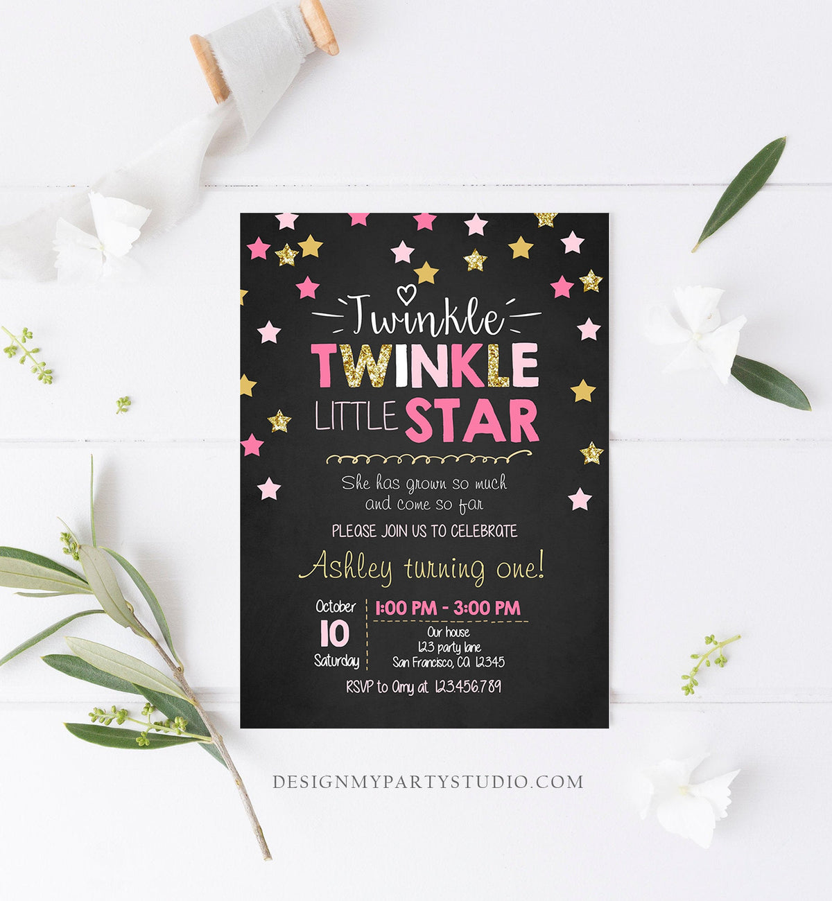 Editable Twinkle Little Star Birthday Invitation Pink Gold Glitter Girl First Birthday Chalk Stars Download Corjl Template Printable 0028