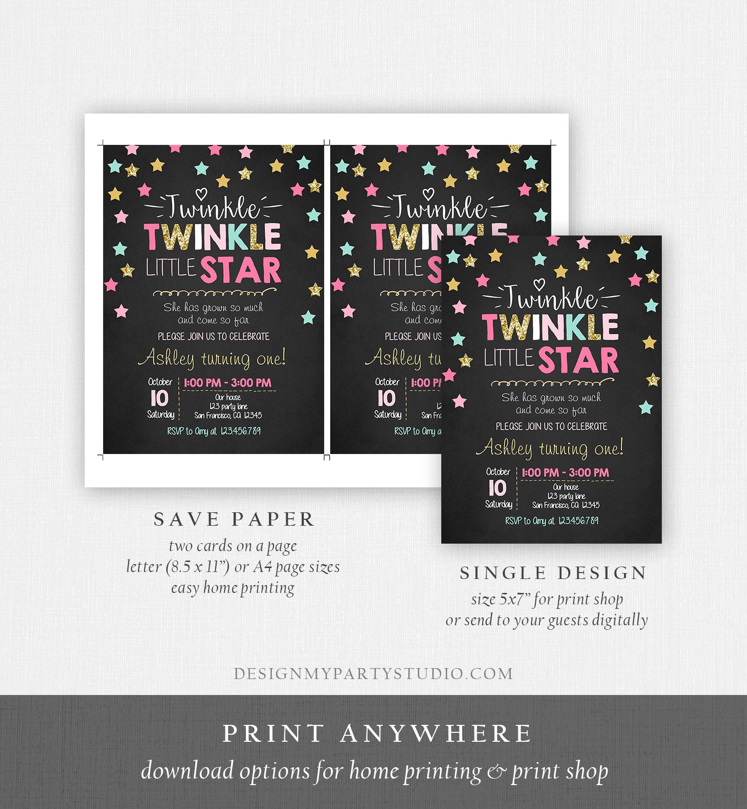 Editable Twinkle Little Star Birthday Invitation Pink Blue Mint Gold Girl First Birthday Chalk Stars Download Corjl Template Printable 0028