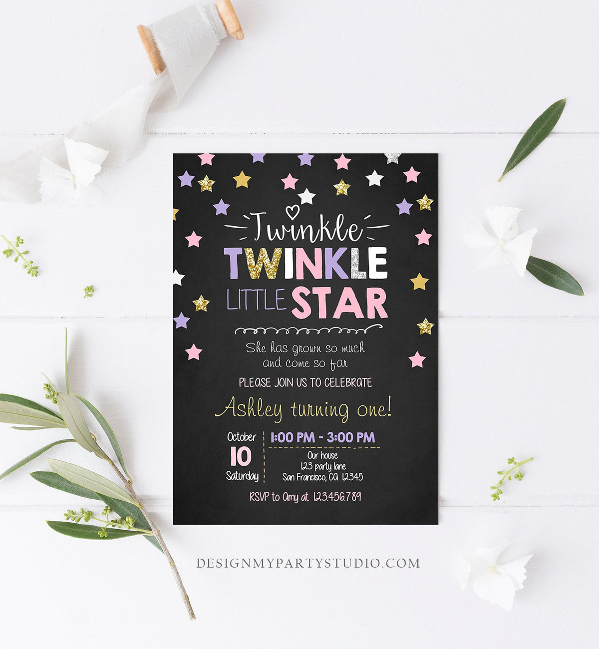 Editable Twinkle Little Star Birthday Invitation Pink Purple Gold Silver Girl First Birthday Chalk Stars Corjl Template Printable 0028