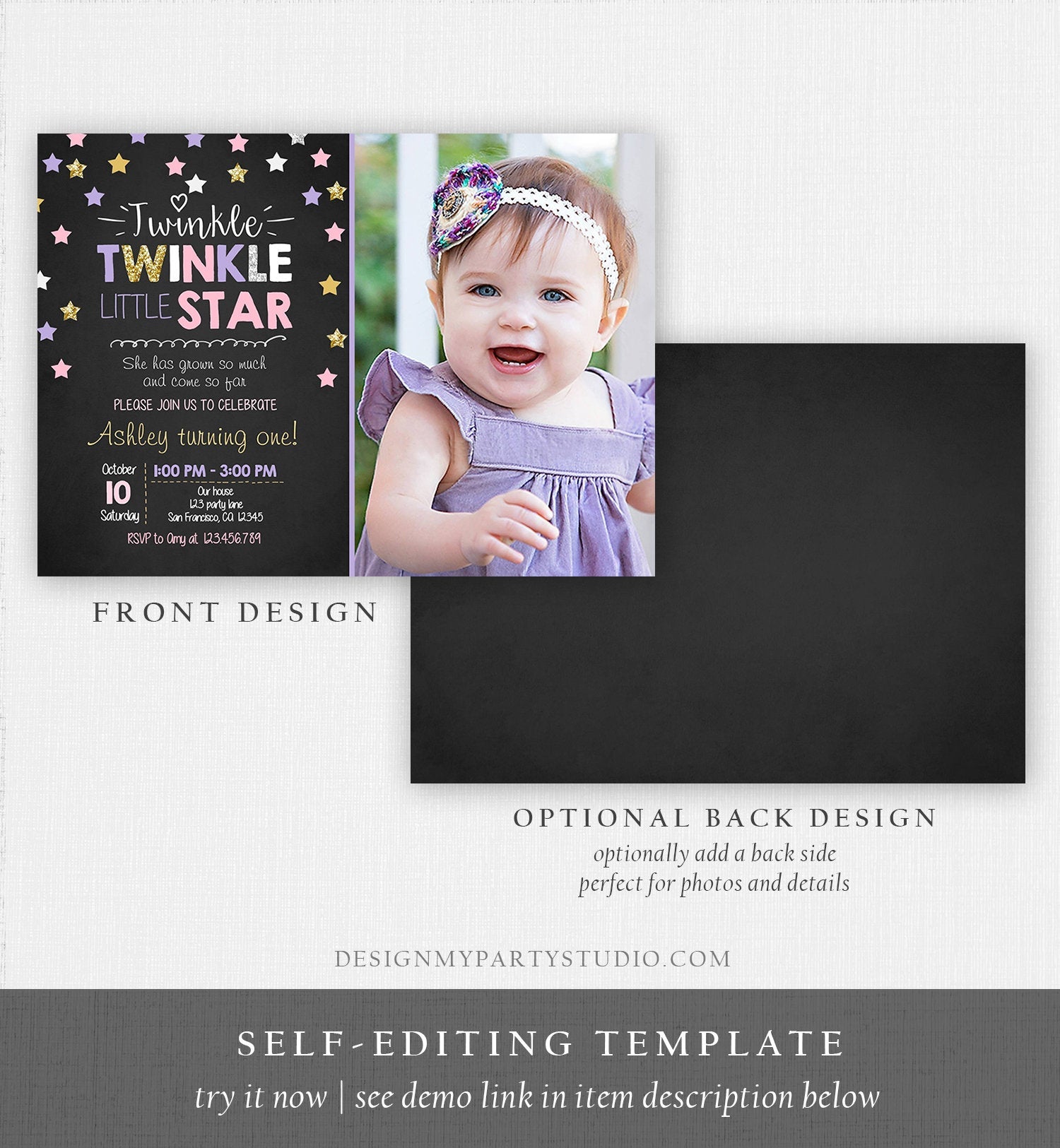 Editable Twinkle Little Star Birthday Invitation Pink Purple Gold Girl First Birthday Chalk Stars Download Corjl Template Printable 0028