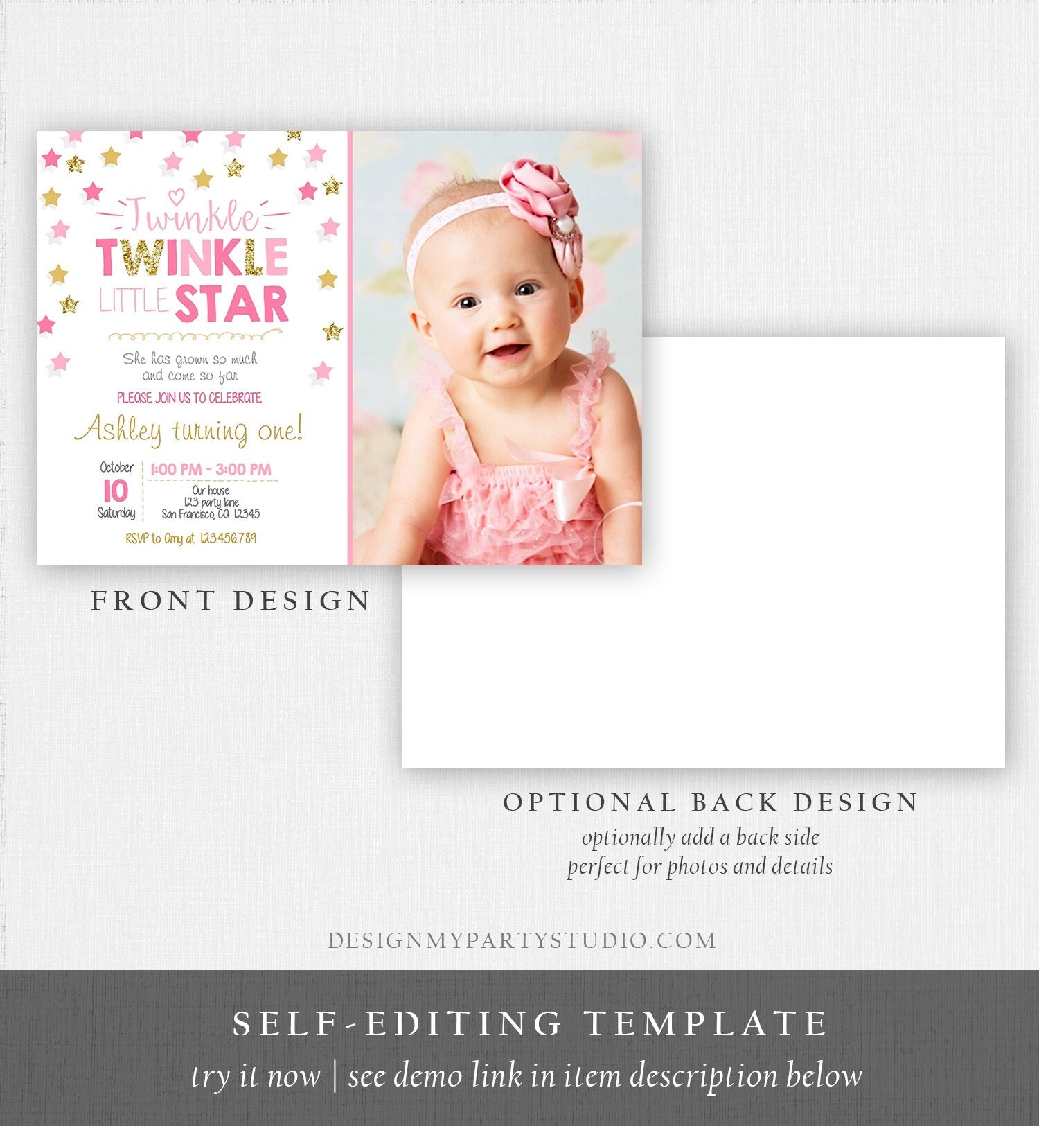 Editable Twinkle Little Star Birthday Invitation Pink Gold Glitter Girl First Birthday Chalk Stars Download Corjl Template Printable 0028