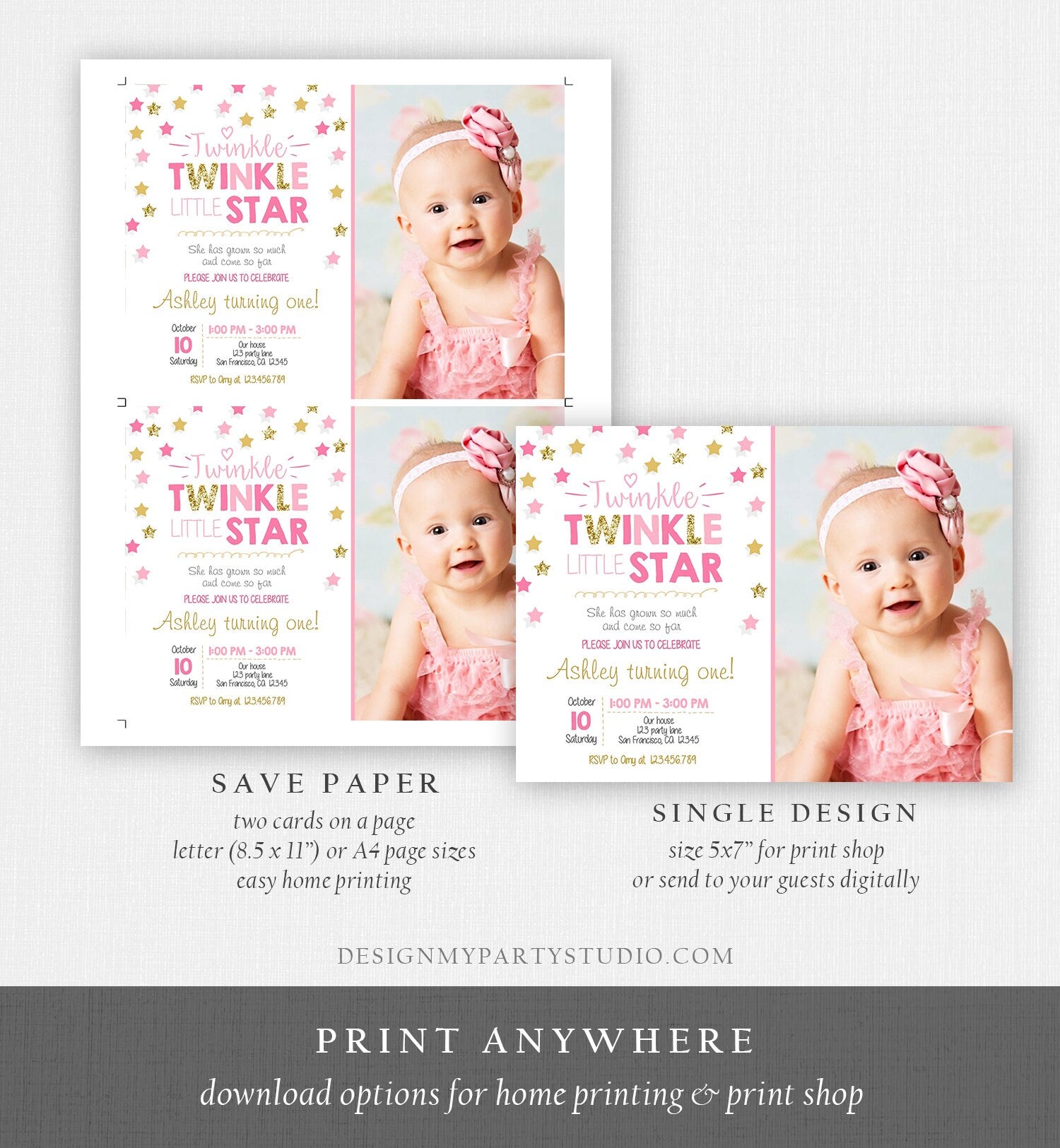 Editable Twinkle Little Star Birthday Invitation Pink Gold Glitter Girl First Birthday Chalk Stars Download Corjl Template Printable 0028