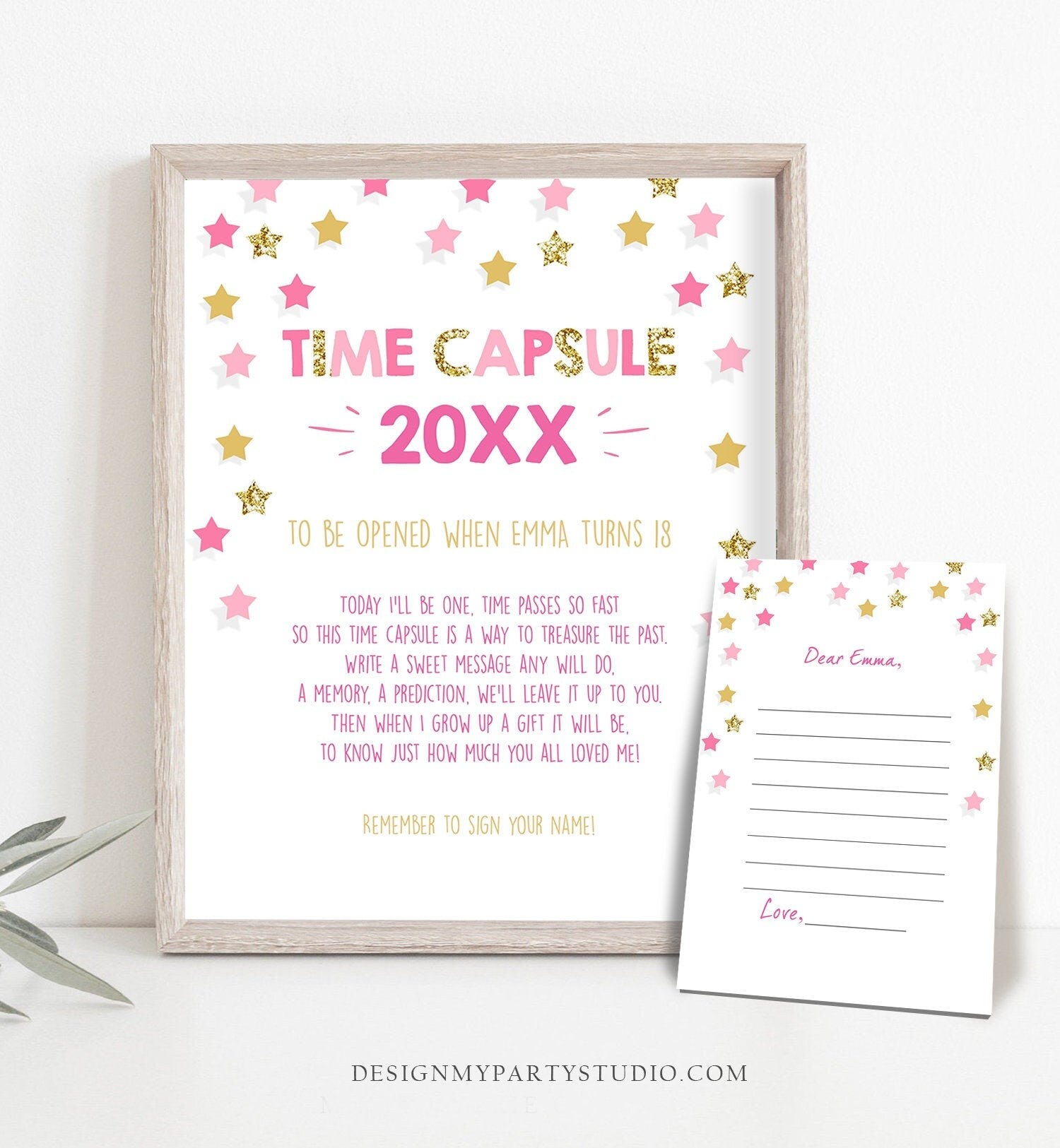 Editable Twinkle Little Star Time Capsule First Birthday Guestbook Wishes for Baby Pink Gold Glitter Download Corjl Template Printable 0028