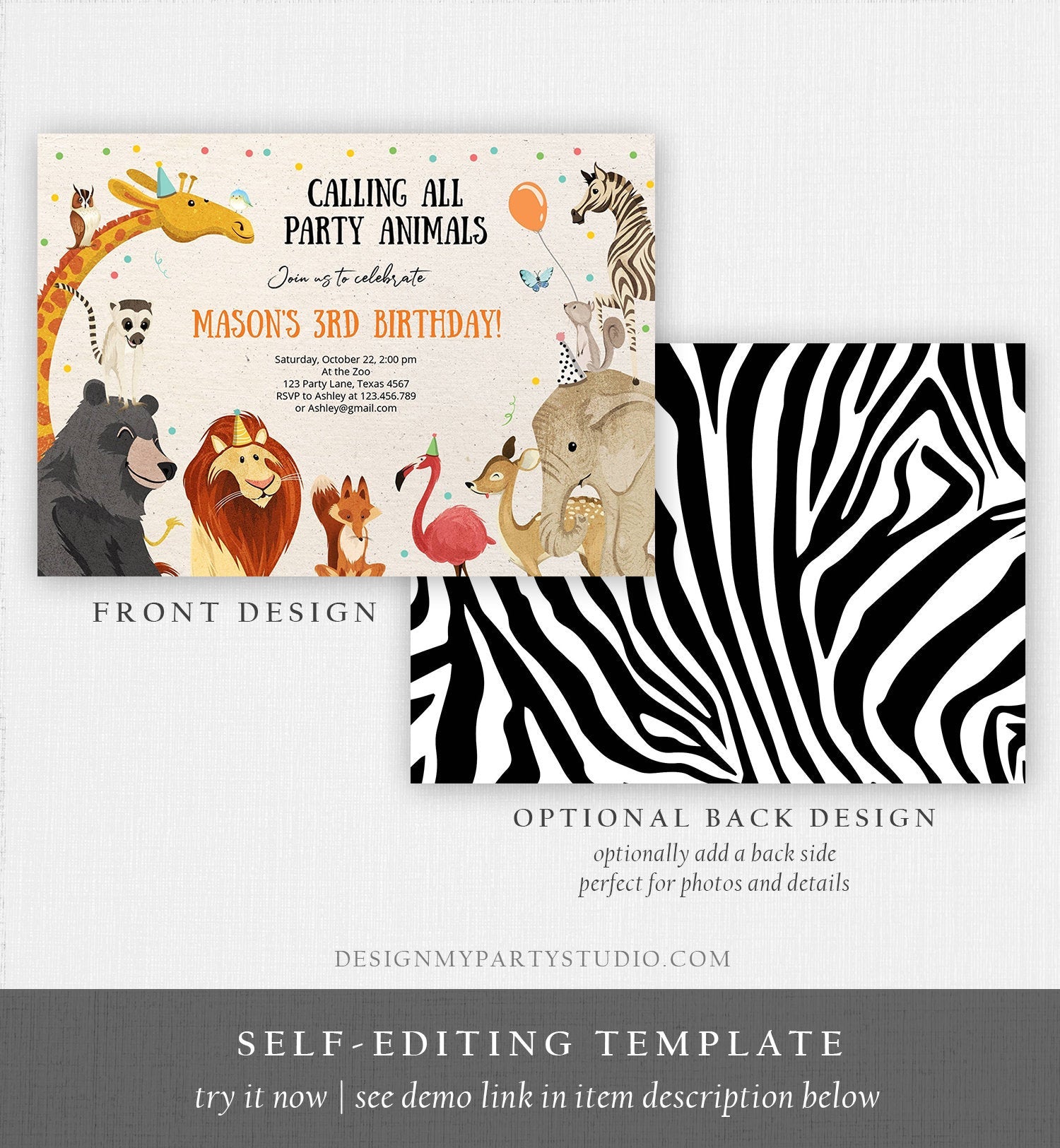 Editable Birthday Invitation Party Animals Wild One Baby Shower Invite Zoo Safari Animals Download Printable Invitation Template Corjl 0196