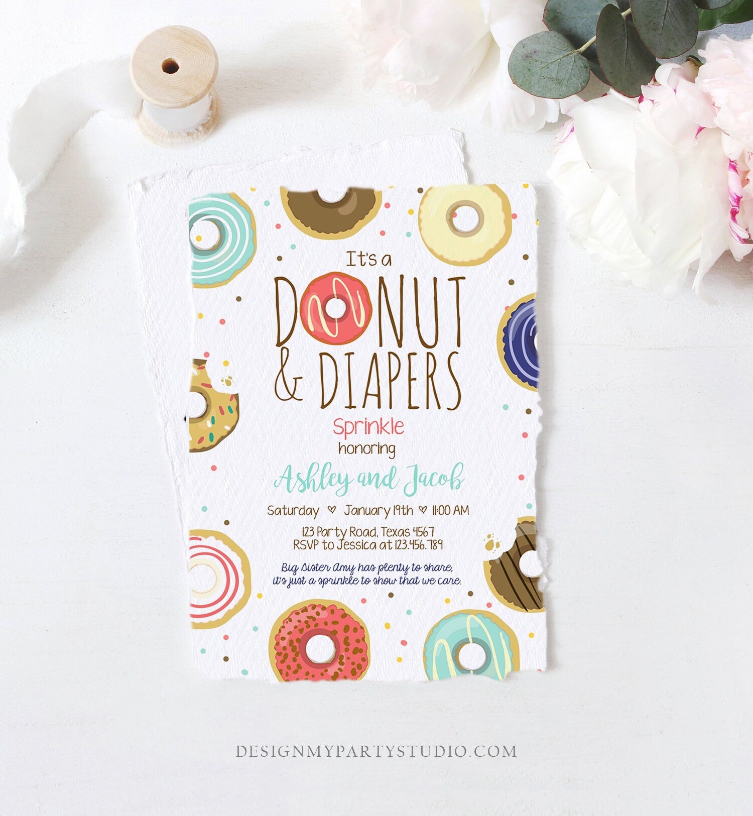 Editable Donut and Diapers Sprinkle Invitation Baby Shower Coed Shower Boy Navy Blue Red Sweet Printable Corjl Template Digital 0050