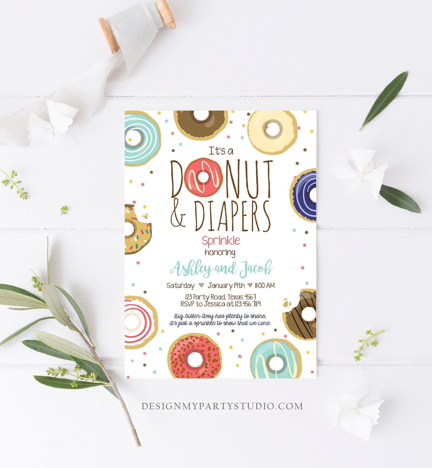 Editable Donut and Diapers Sprinkle Invitation Baby Shower Coed Shower Boy Navy Blue Red Sweet Printable Corjl Template Digital 0050