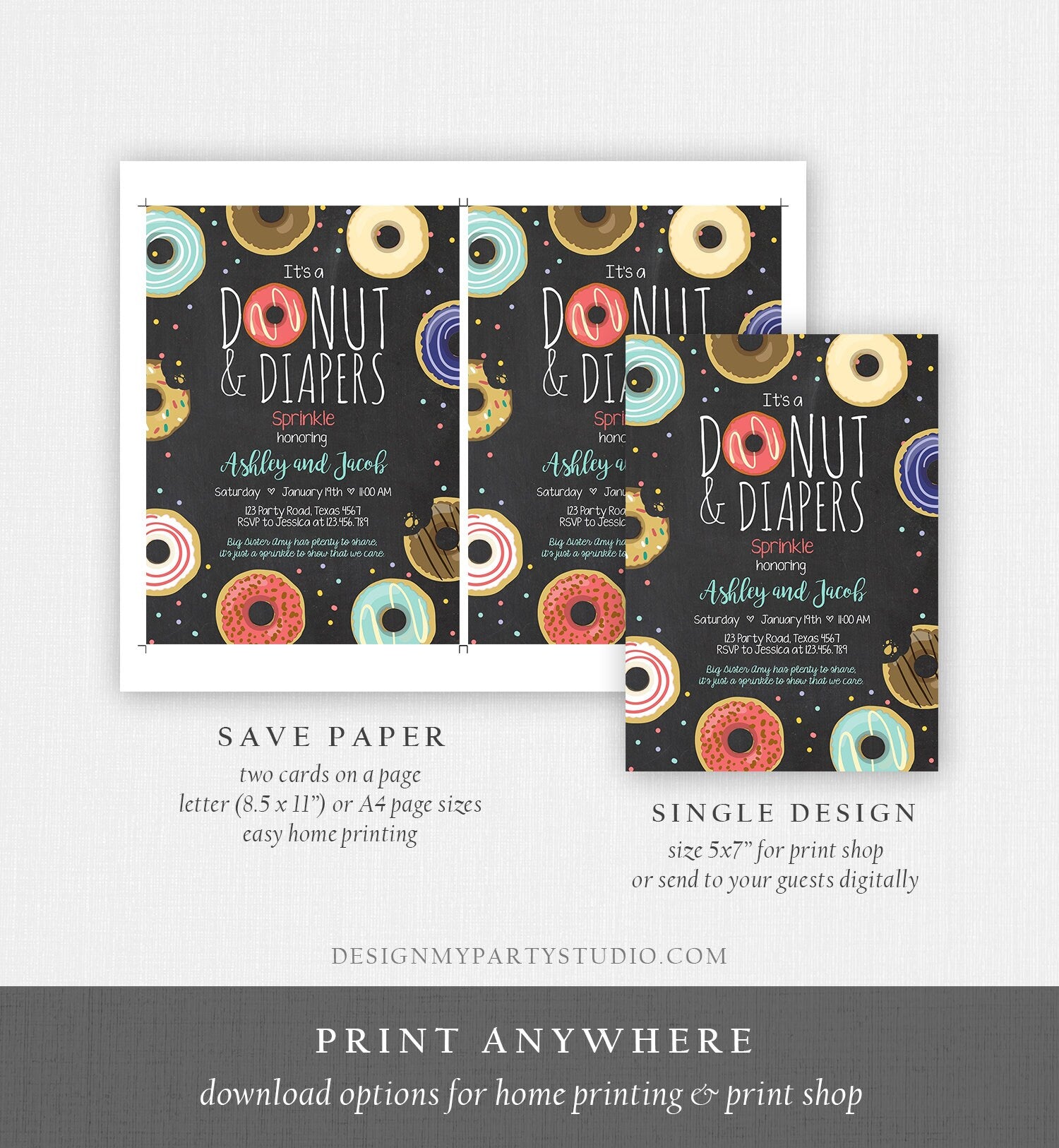 Editable Donut and Diapers Sprinkle Invitation Baby Shower Coed Shower Boy Navy Blue Red Sweet Printable Corjl Template Digital 0050