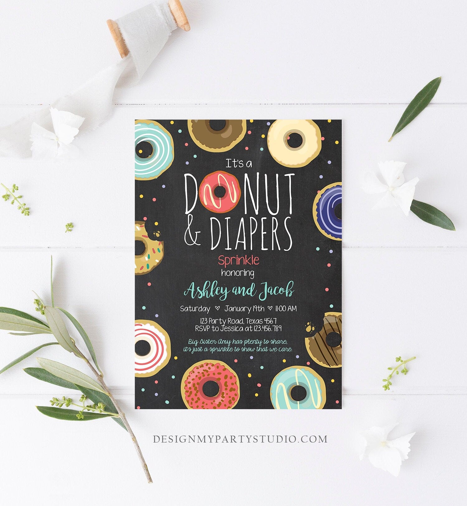 Editable Donut and Diapers Sprinkle Invitation Baby Shower Coed Shower Boy Navy Blue Red Sweet Printable Corjl Template Digital 0050