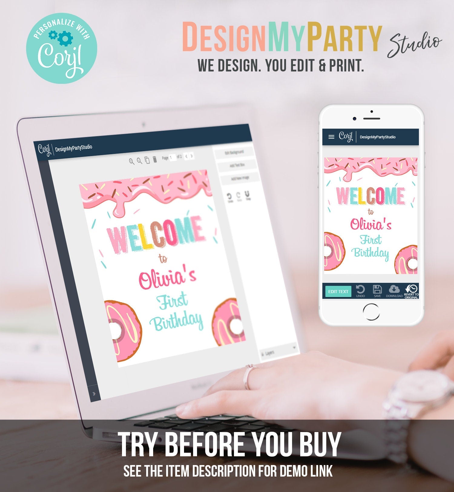 Editable Donut Welcome Sign Donut Birthday Party Pink Girl Doughnut Baby Shower Sprinkle Table Sign Download Corjl Template Printable 0050