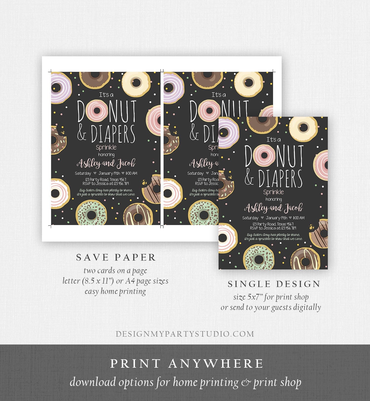 Editable Donut and Diapers Sprinkle Invitation Sprinkled With Love Coed Shower Pastel Pink Girl Boy Neutral Printable Corjl Template 0050