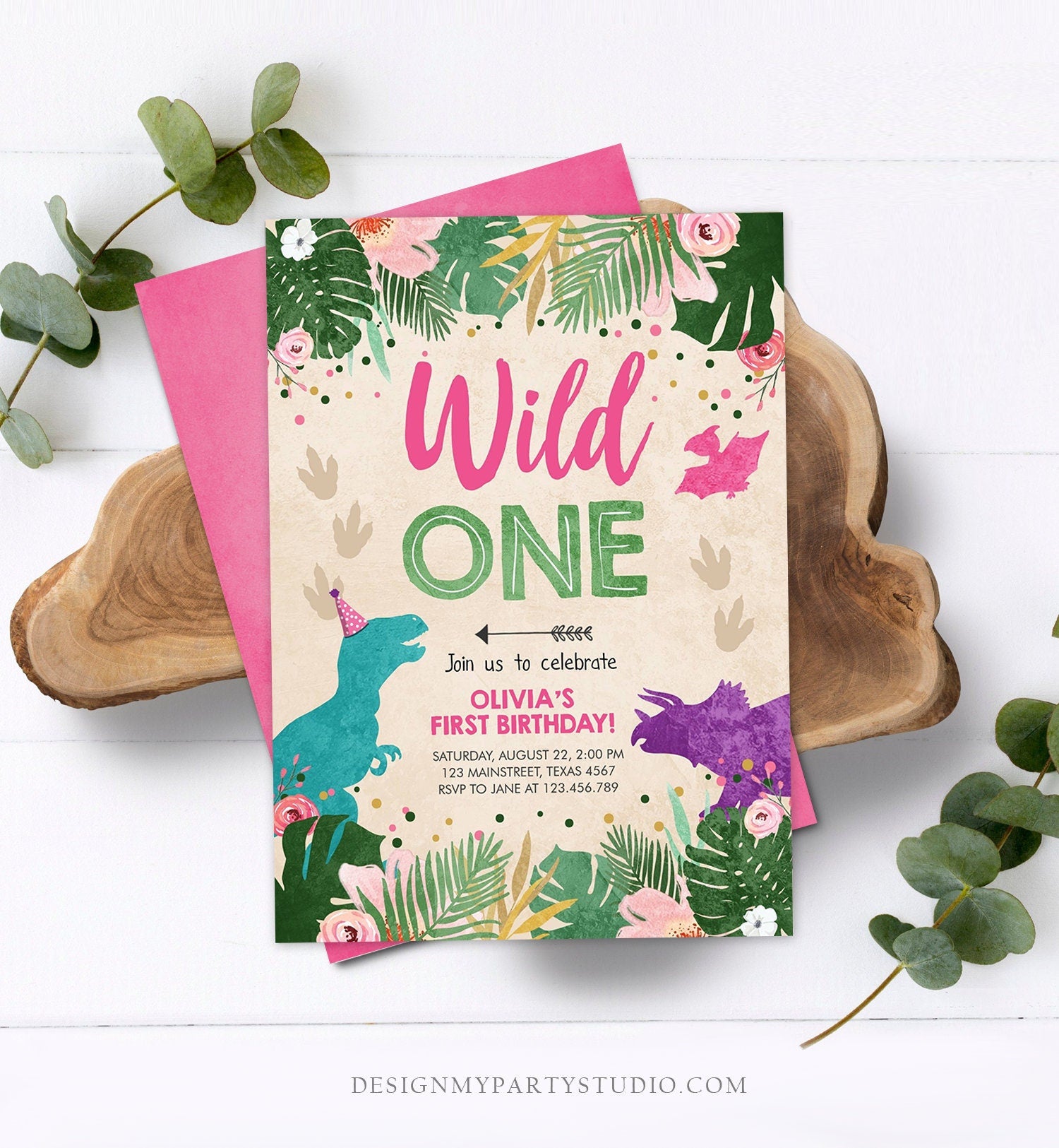 Editable Wild One Birthday Invitation Dinosaur Dino Party Girl 1st First Birthday Pink Purple Digital Download Corjl Template Printable 0388