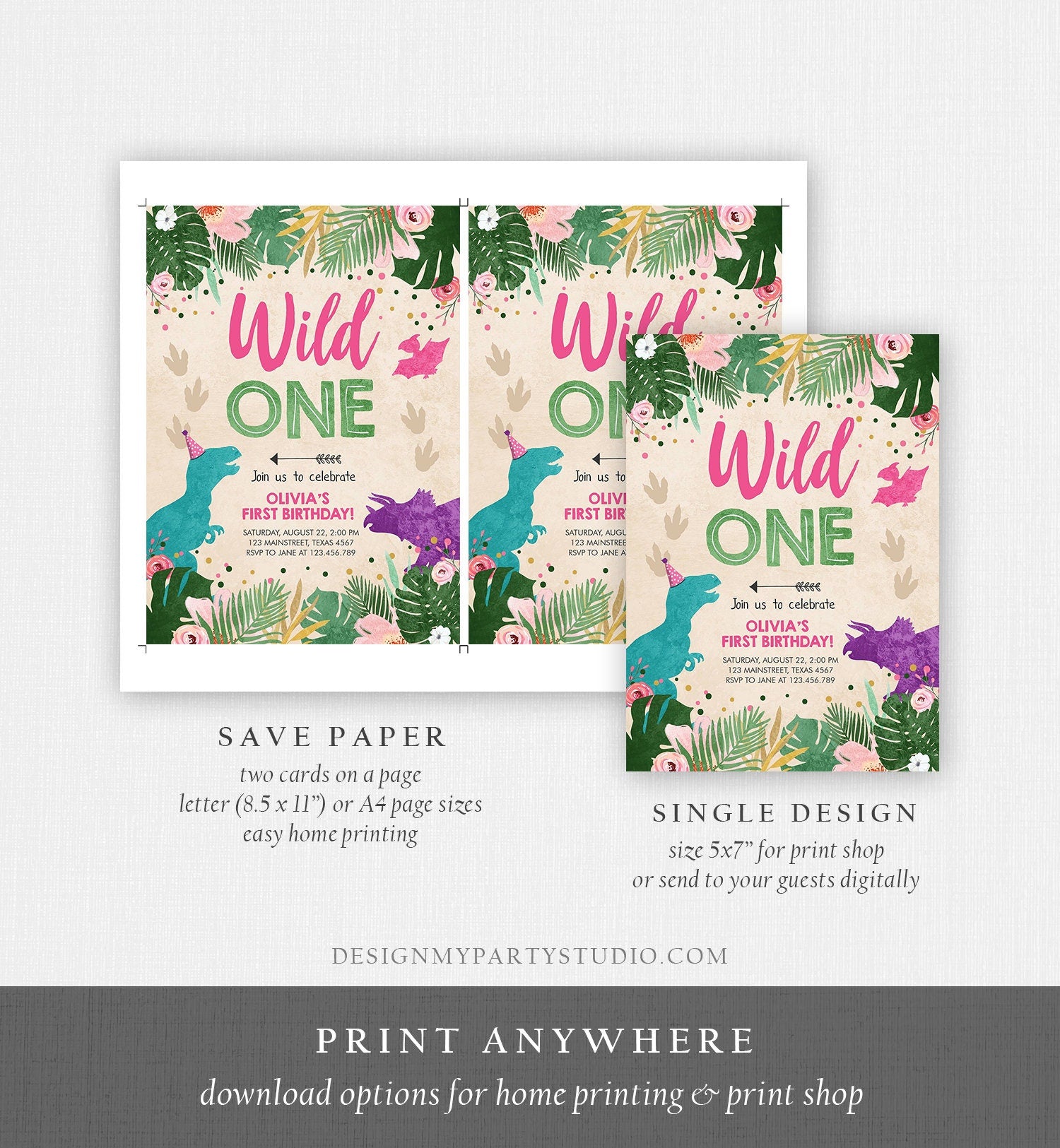 Editable Wild One Birthday Invitation Dinosaur Dino Party Girl 1st First Birthday Pink Purple Digital Download Corjl Template Printable 0388