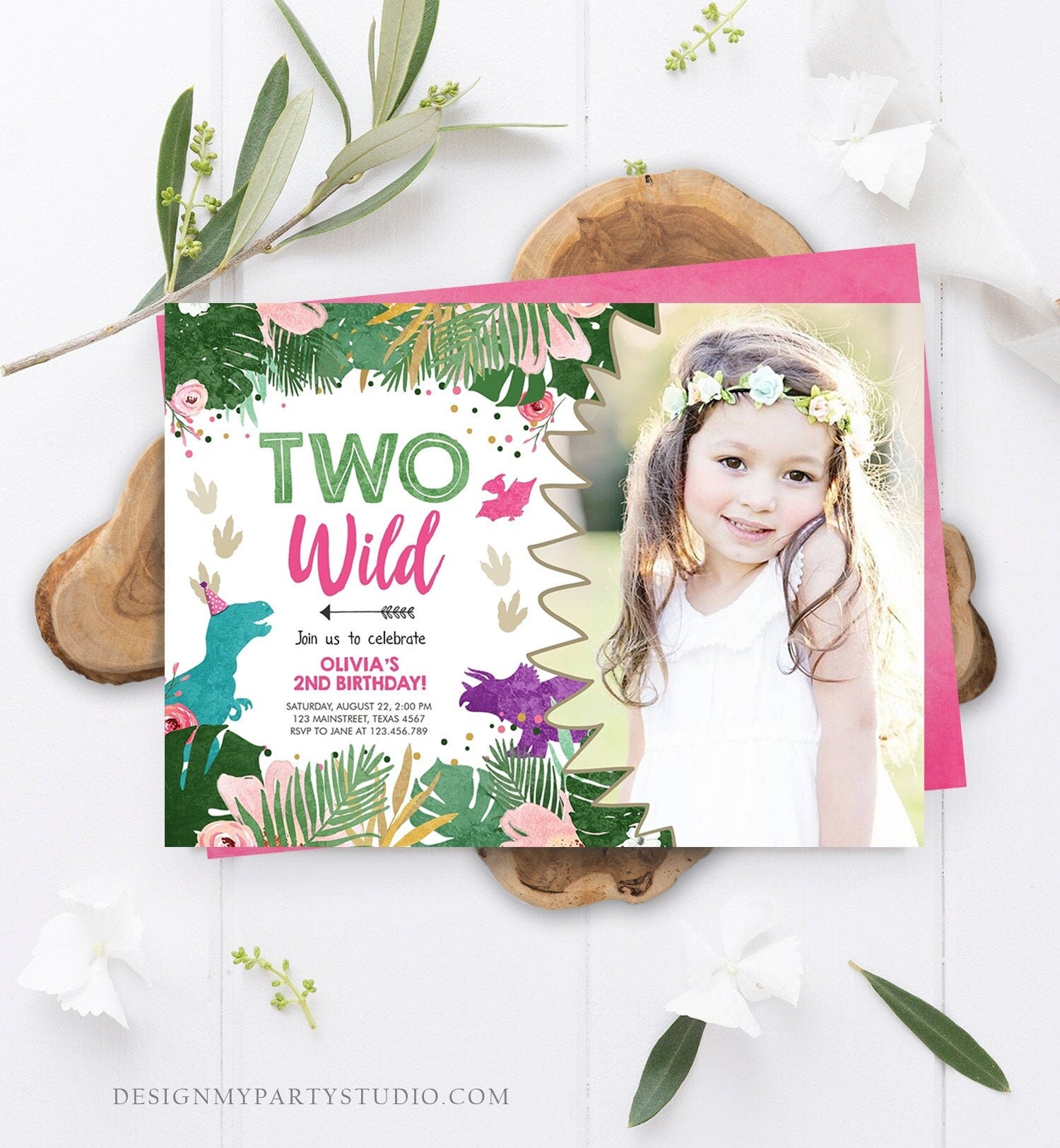 Editable Two Wild Birthday Invitation Dinosaur Dino Party Girl 2nd Second Birthday Born to Pink Purple Digital Corjl Template Printable 0388