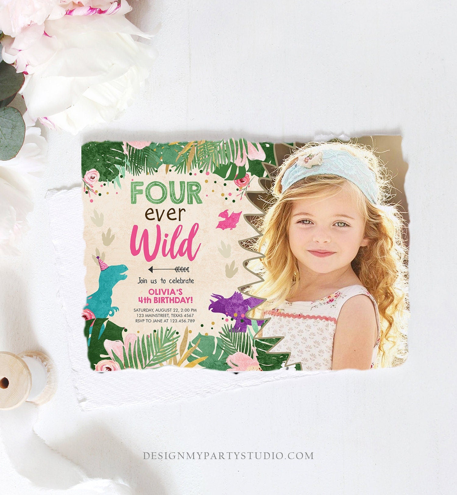 Editable Four Ever Wild Birthday Invitation Dinosaur Dino Party Girl 4th Fourth Birthday Pink Purple Fourever Corjl Template Printable 0146