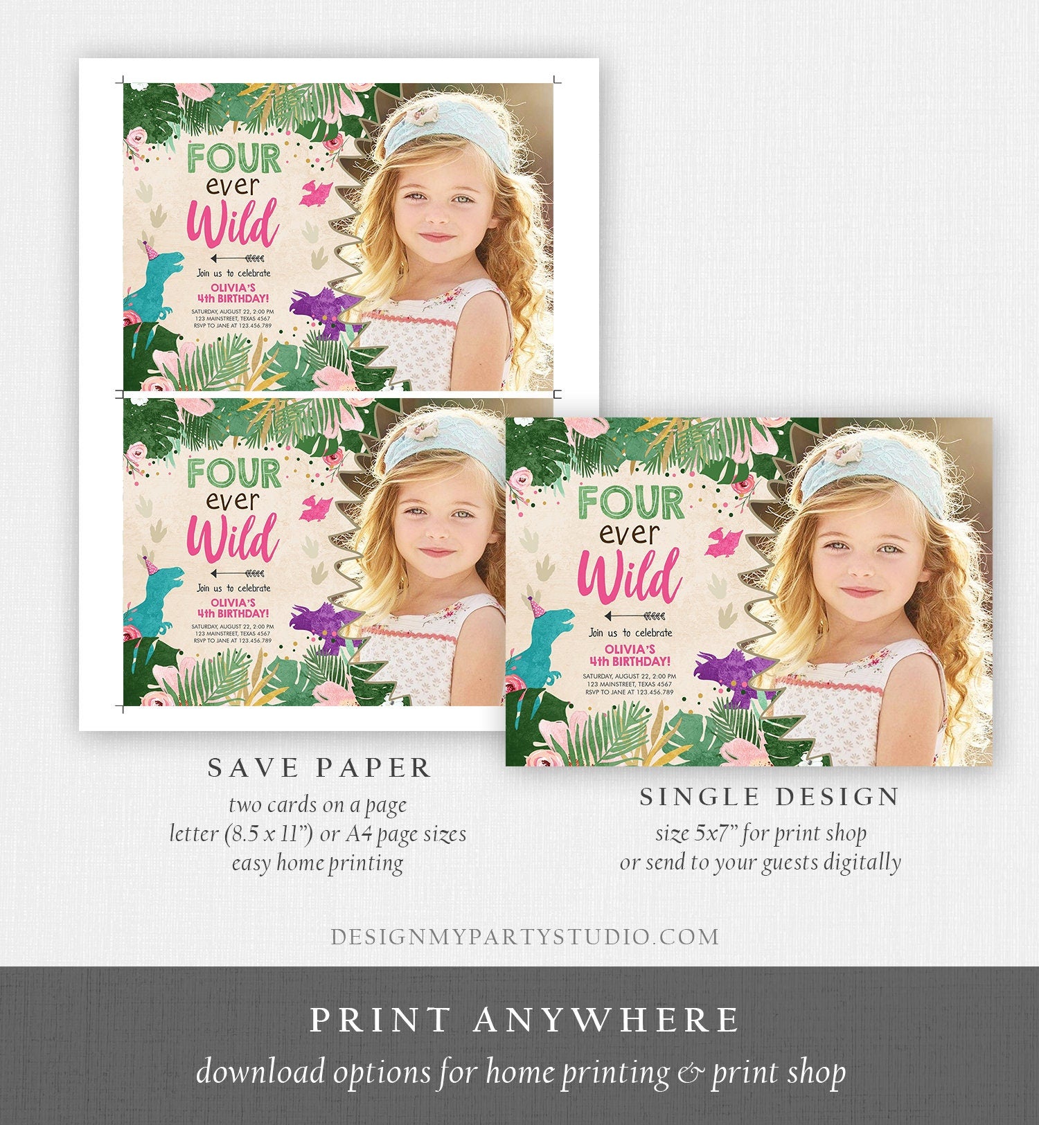 Editable Four Ever Wild Birthday Invitation Dinosaur Dino Party Girl 4th Fourth Birthday Pink Purple Fourever Corjl Template Printable 0146