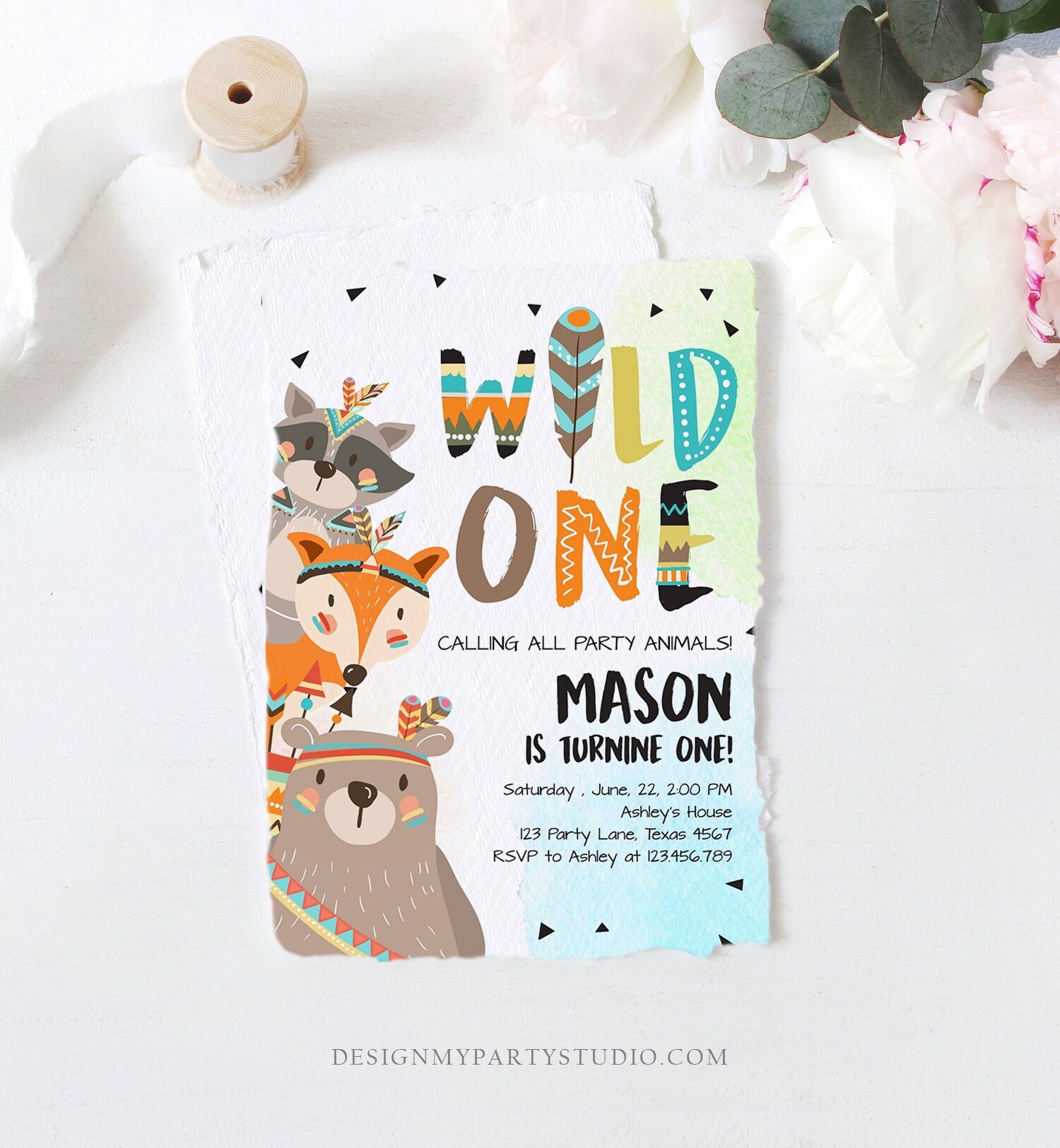 Editable Tribal Woodland Wild One First Birthday Invitation Boho Woodland Animals Boy Instant Download Printable Template Corjl Digital 0061