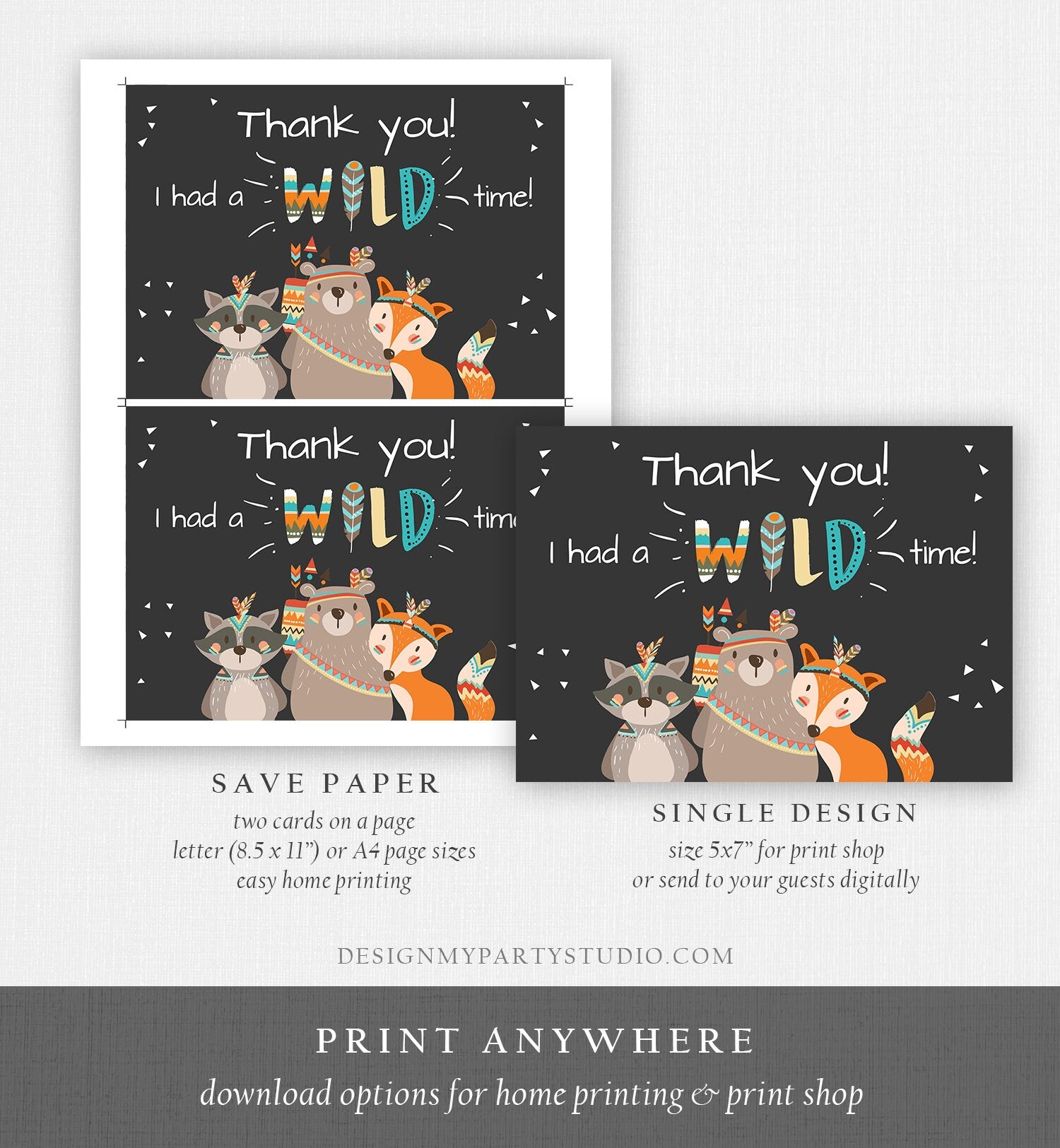 Editable Tribal Woodland Animals Thank You Card Wild One Thank You Note Boy First Birthday Digital Download Corjl Template Printable 0061