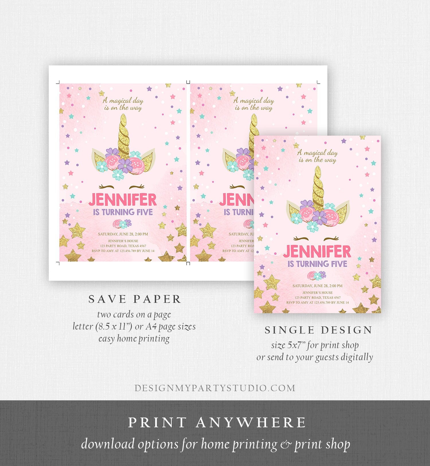 Editable Magical Unicorn Birthday Invitation ANY AGE Pastel Pink Girl Gold Stars Party Floral Digital Download Corjl Template Printable 0041