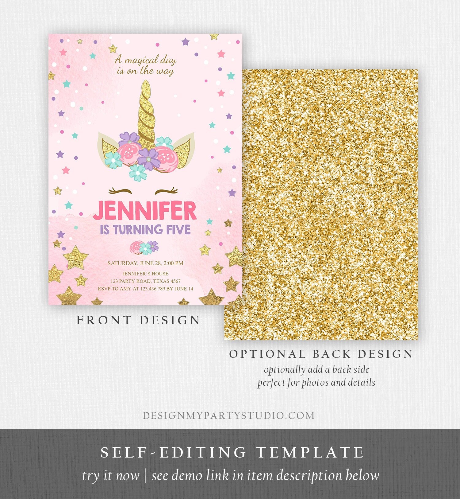 Editable Magical Unicorn Birthday Invitation ANY AGE Pastel Pink Girl Gold Stars Party Floral Digital Download Corjl Template Printable 0041