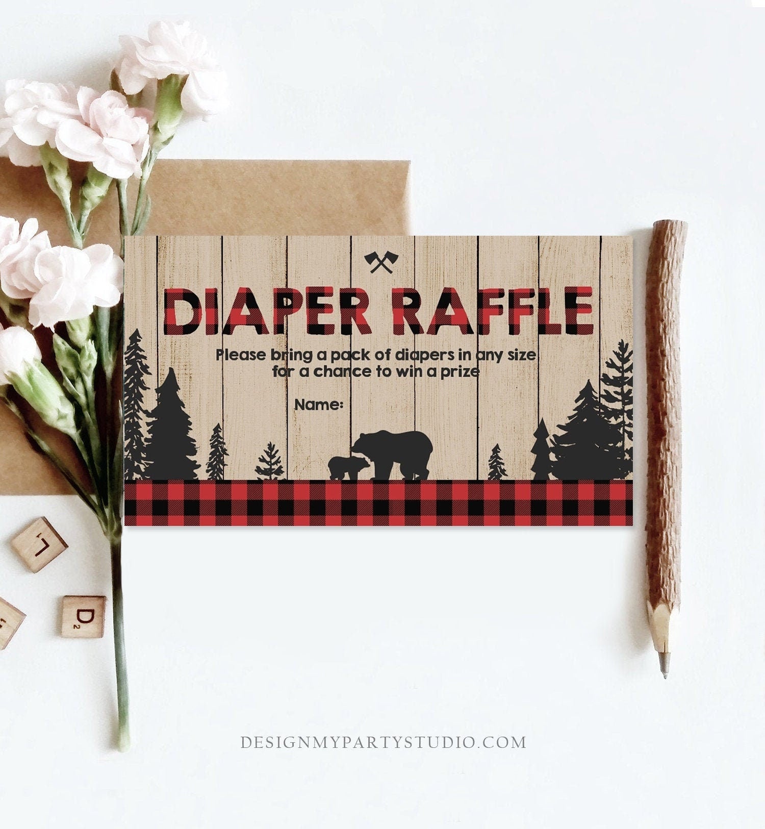 Editable Lumberjack Diaper Raffle Ticket Lumberjack Baby shower Diaper Game Rustic Bear Cub Diaper Ticket Template PRINTABLE Corjl 0191