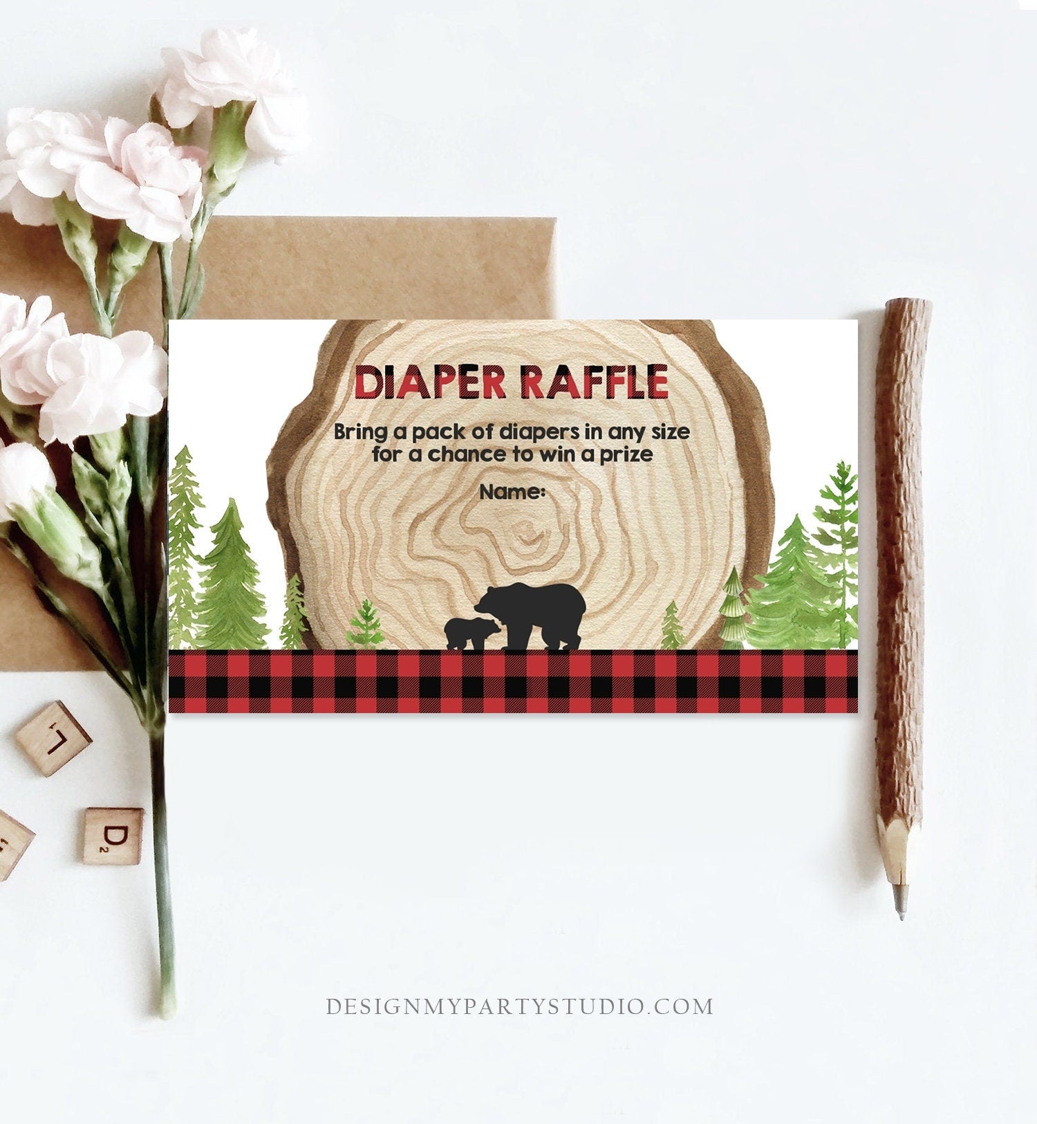 Editable Lumberjack Diaper Raffle Ticket Lumberjack Baby shower Diaper Game Rustic Bear Cub Diaper Ticket Template PRINTABLE Corjl 0191