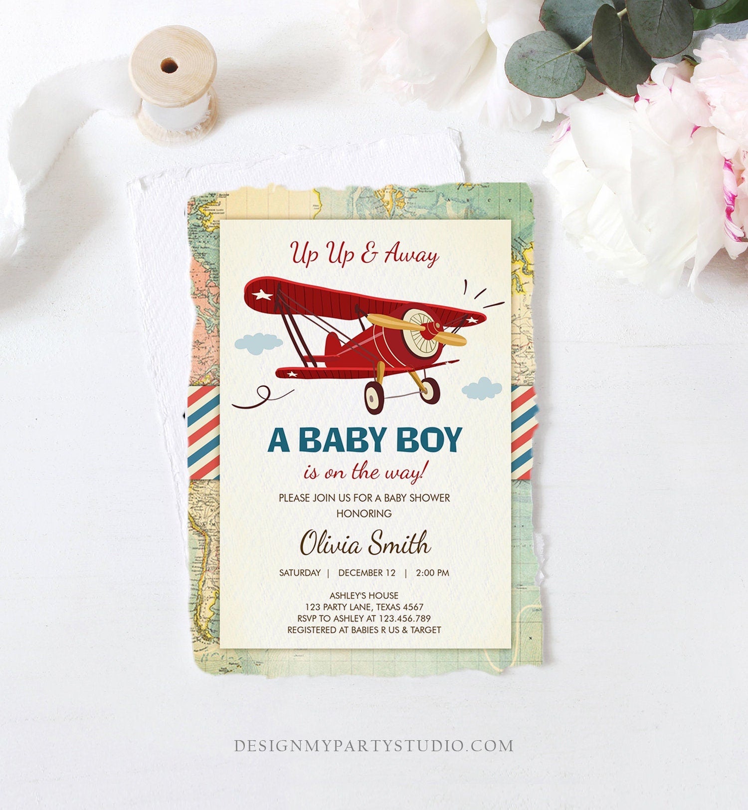 Editable Up Up and Away Airplane Baby Shower Invitation Travel Adventure Baby Boy Red Plane Instant Download Digital Corjl Template 0011