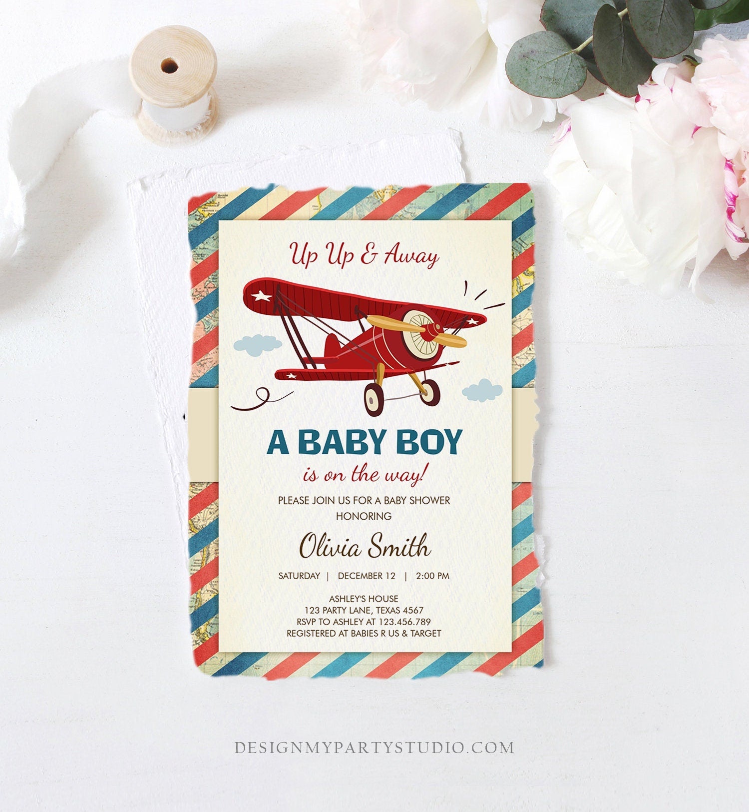 Editable Up Up and Away Airplane Baby Shower Invitation Travel Adventure Baby Boy Red Plane Instant Download Digital Corjl Template 0011