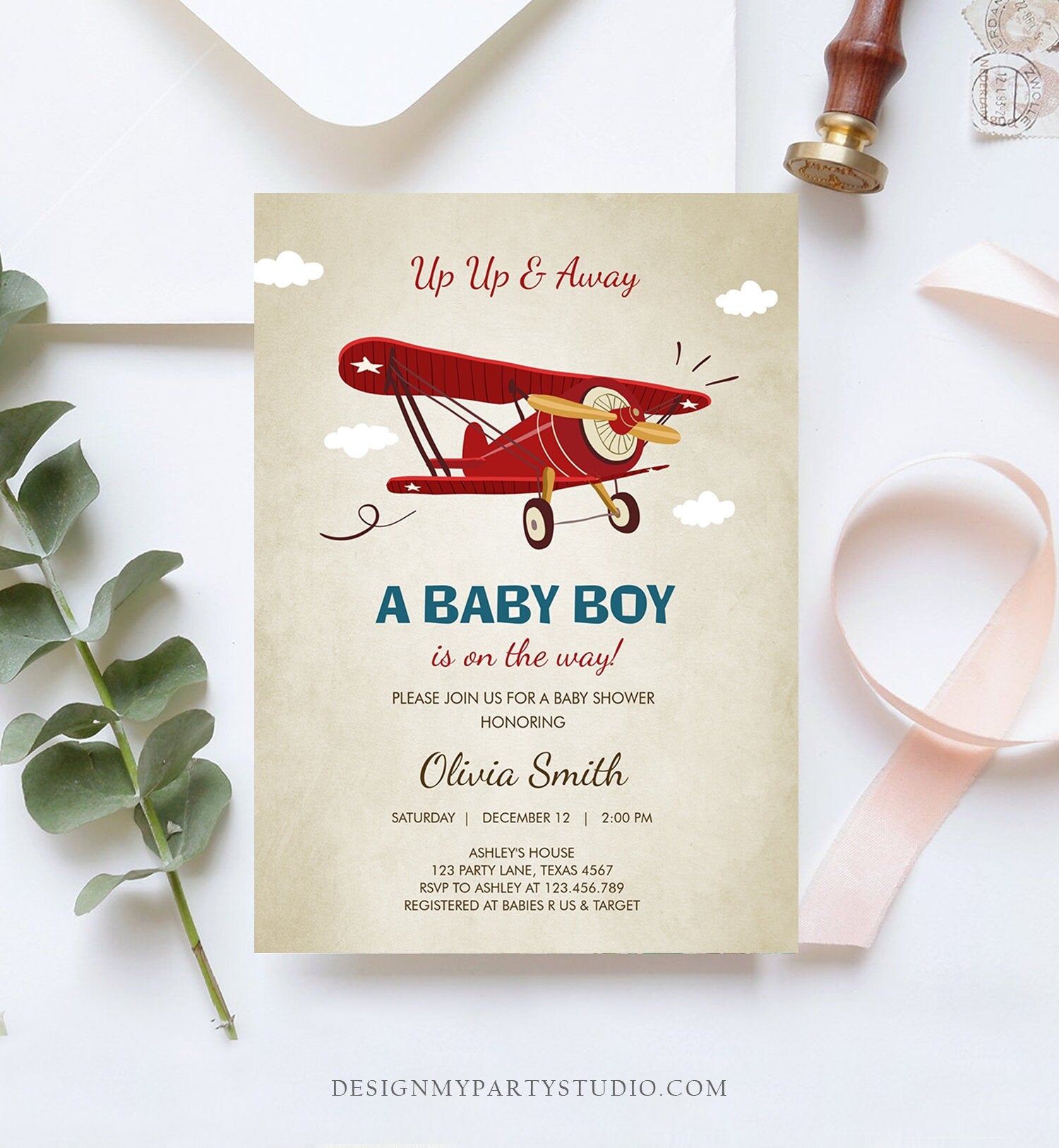 Editable Up Up and Away Airplane Baby Shower Invitation Travel Adventure Baby Boy Red Plane Instant Download Digital Corjl Template 0011