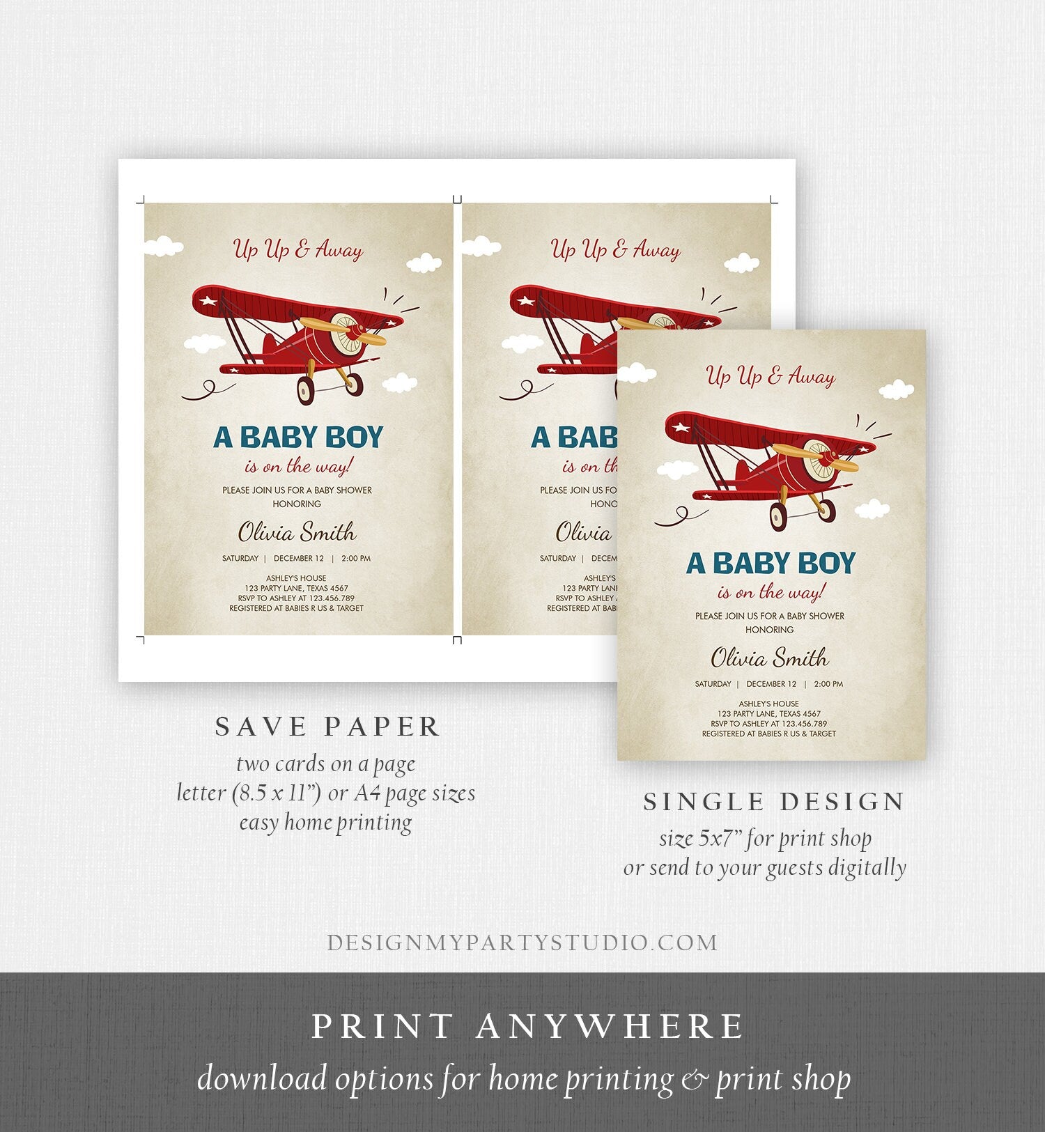 Editable Up Up and Away Airplane Baby Shower Invitation Travel Adventure Baby Boy Red Plane Instant Download Digital Corjl Template 0011