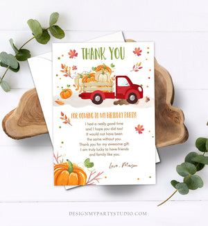 Editable Pumpkin Birthday Thank You Card Fall Pumpkin Truck Red Boy Birthday Party Red Green Orange Download Printable Template Corjl 0153