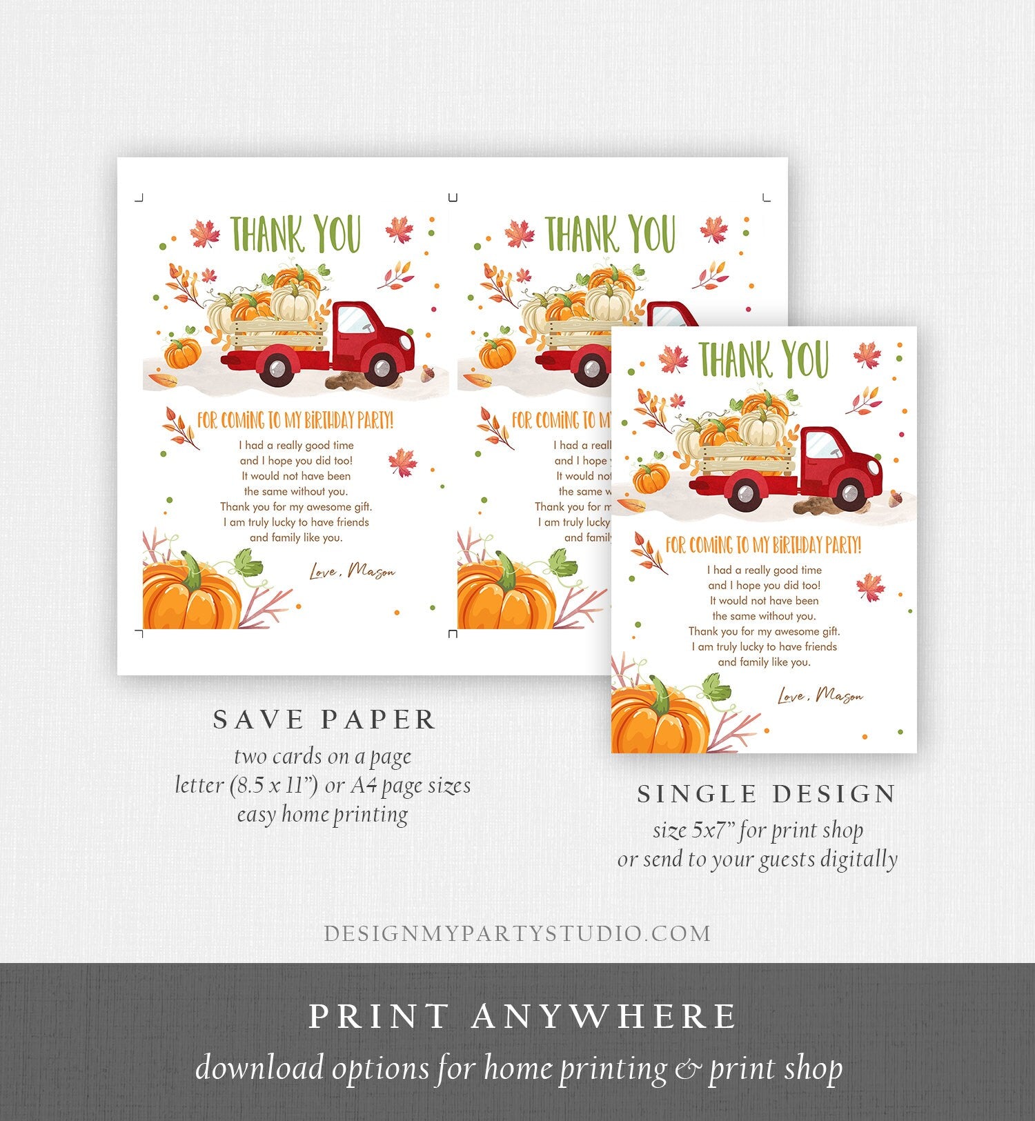 Editable Pumpkin Birthday Thank You Card Fall Pumpkin Truck Red Boy Birthday Party Red Green Orange Download Printable Template Corjl 0153