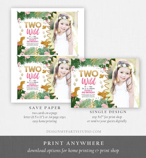 Editable Two Wild Birthday Invitation Dinosaur Dino Party Girl 2nd Second Birthday Pink Gold In Two the Wild Corjl Template Printable 0146