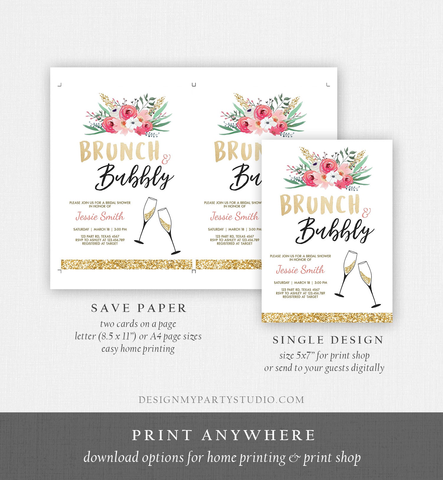 Editable Brunch and Bubbly Bridal Shower Invitation Floral Champagne Gold Pink Wedding Download Printable Template Digital Corjl 0318